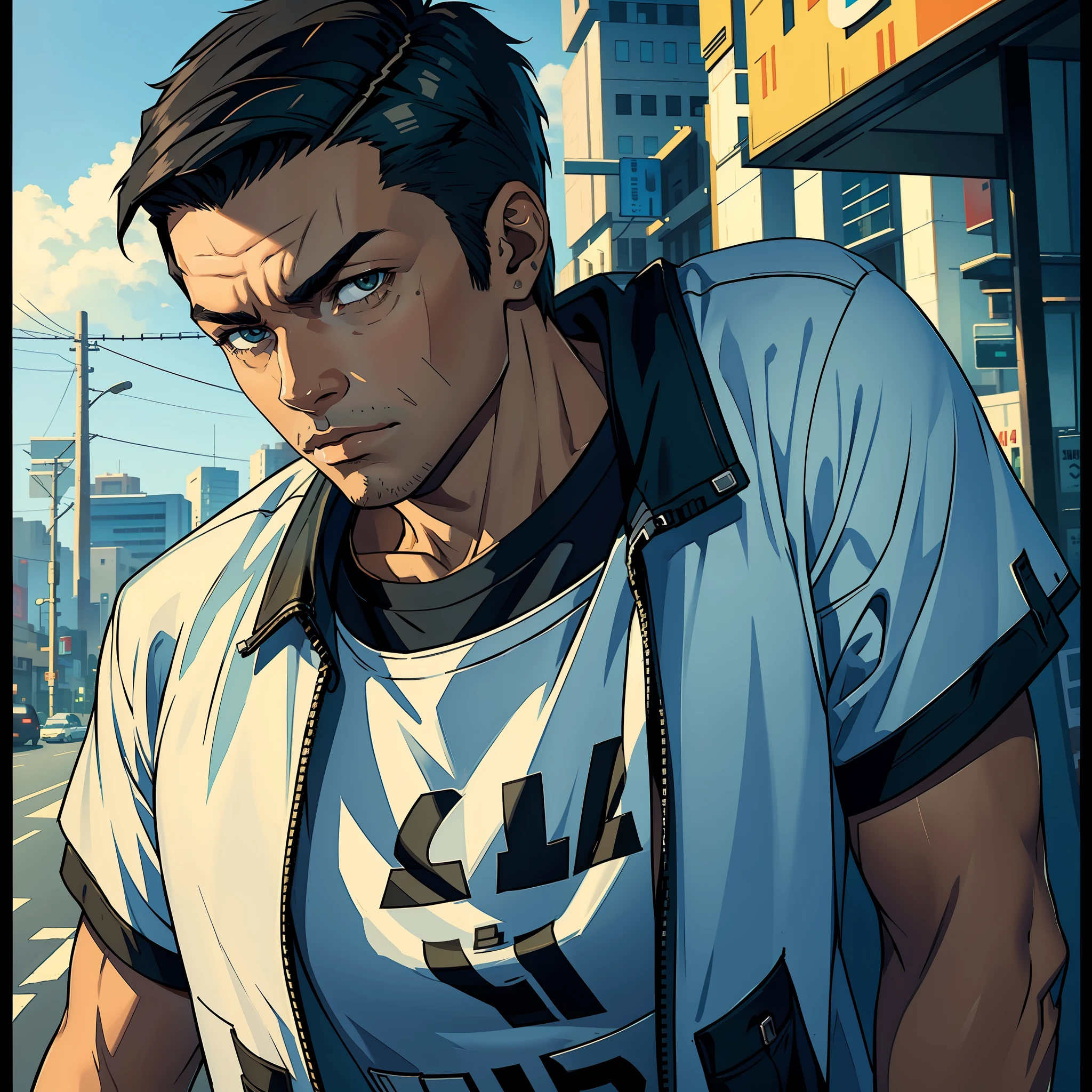 1 man style Grand Theft Auto: San Andreas, short hair, wearing modern clothes (best quality), ((1:1 resolution)), (face centered in the center of the image), avatar photo only, (head + shoulders), (film grain).