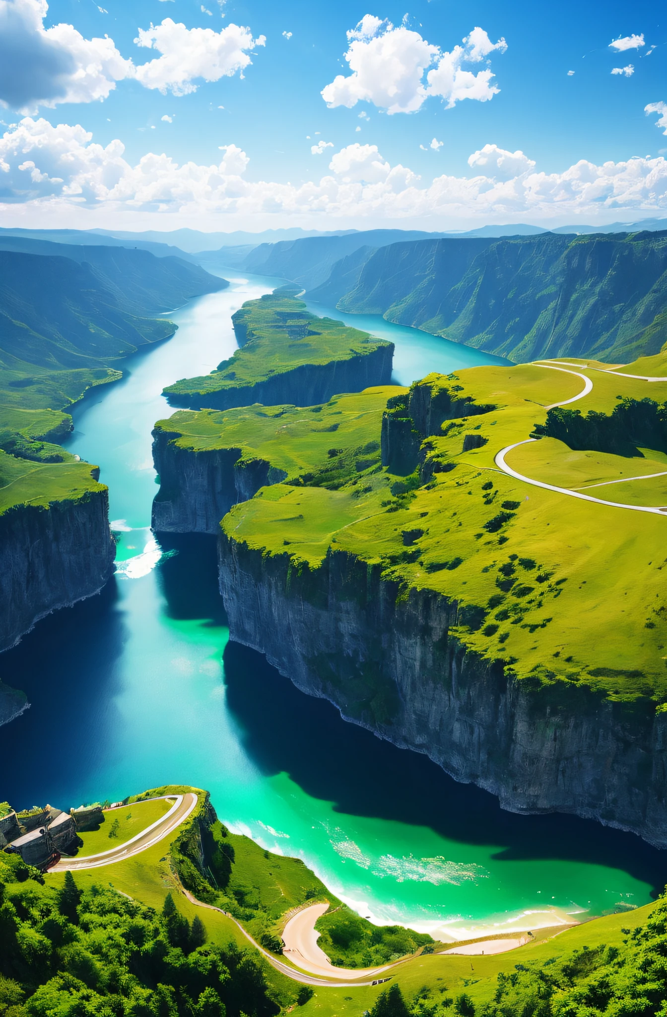 Masterpiece, ultimate quality, Cg unity 8k wallpaper, super delicate, beautiful sky and clouds, rich natural scenery, cliffs, lakes and rivers, waterfalls and flying water, beautiful green mountains, no trace of people, excellent scenery, has already won a photo contest, background Blurring, full depth of field, HDR high dynamics, true restoration, intricate, extreme details, dramatic presentation, perfectly presenting the style of midjourney art.
