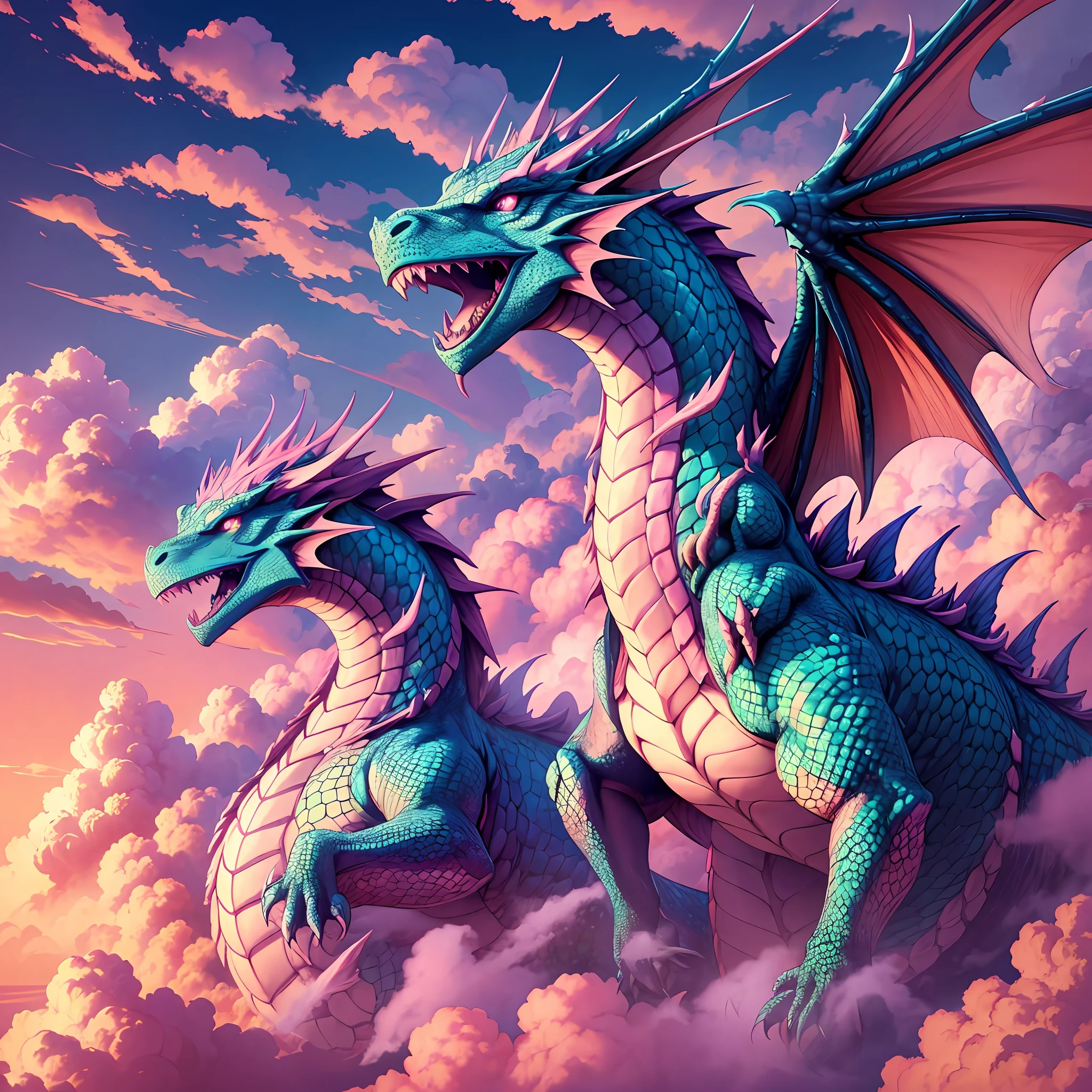 Imagine a 7-headed dragon, flying over a sea of pink and blue clouds, fantasy style, high quality image, cinematic, realistic image, (super details) --auto --s2
