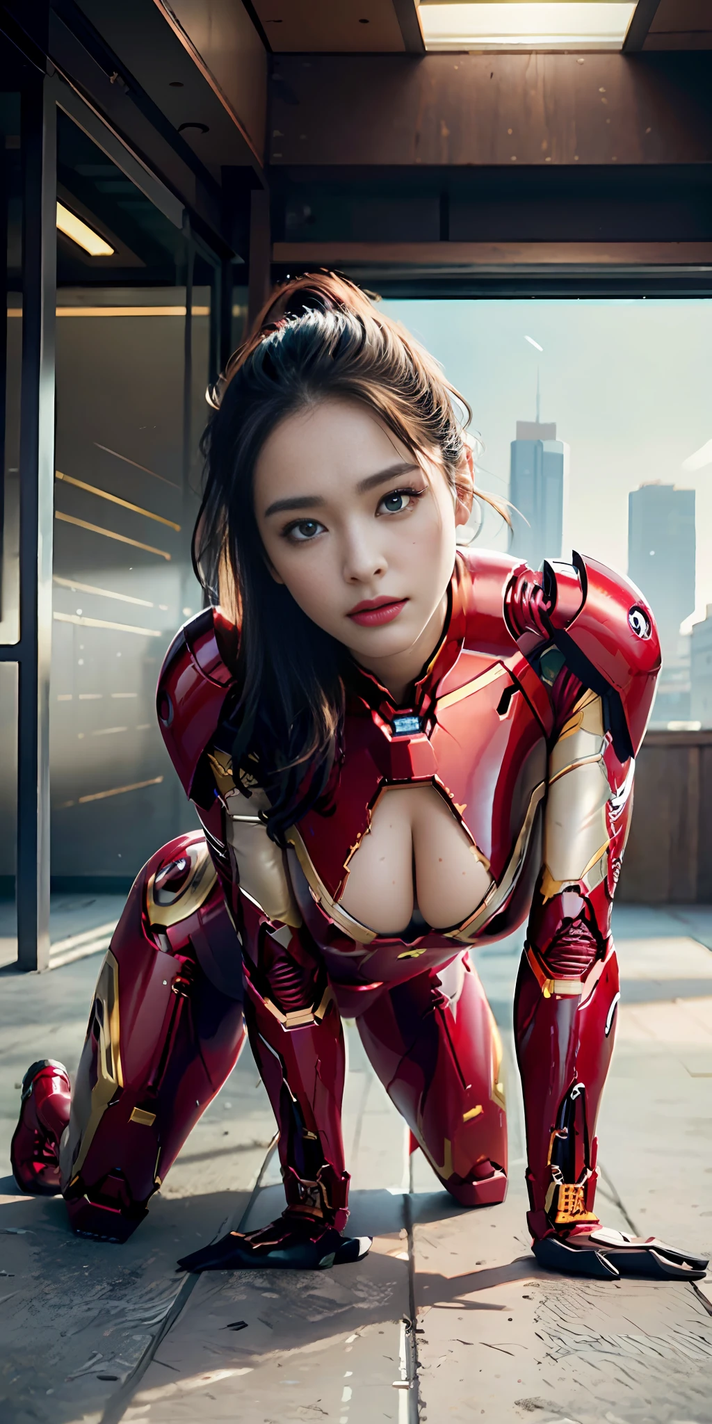 RAW, Masterpiece, Ultra Micro Photo ,, Best Quality, Ultra High Definition, Photorealistic, Daylight, Full Body Portrait, Stunningly Beautiful, Combat Pose, Delicate Face, Vivid Eyes, (Front View), She wears a futuristic Iron Man mech, red and yellow and green color scheme, (Iron Man destroyed on the floor), Detailed face, Detailed and complex busy background, Messy and gorgeous, Rich plump breasts, High Detail Skin, Realistic Skin Detail, Visible Pore, Sharp Focus, Volumemetric Fog, 8K UHD, DSLR Camera, High Quality, Film Grain, Fair Skin, Photorealism, Lomography, View from Below, Skyscraper, Translucent