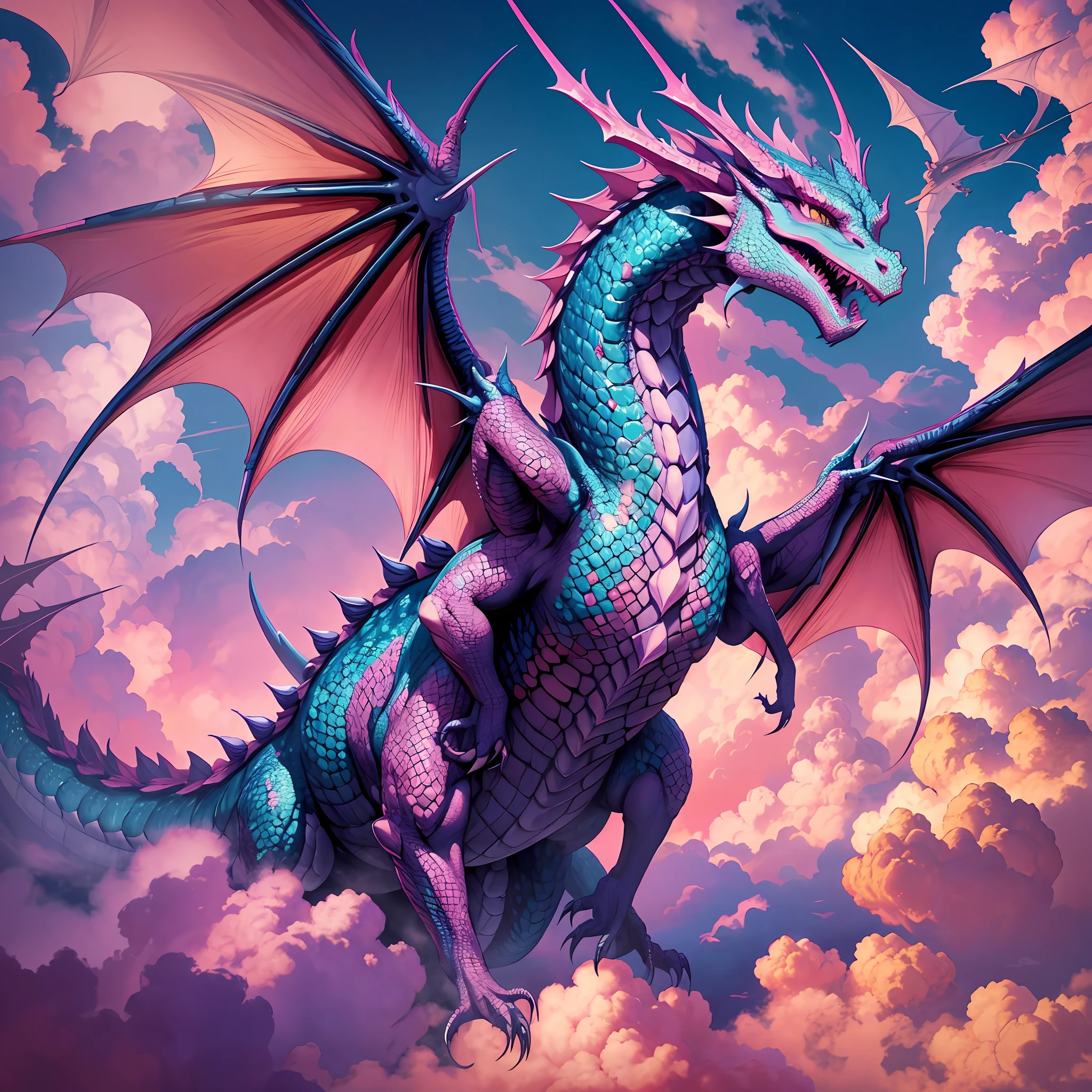 Imagine a 7-headed dragon, flying over a sea of pink and blue clouds, fantasy style, high quality image, cinematic, realistic image, (super details) --auto --s2