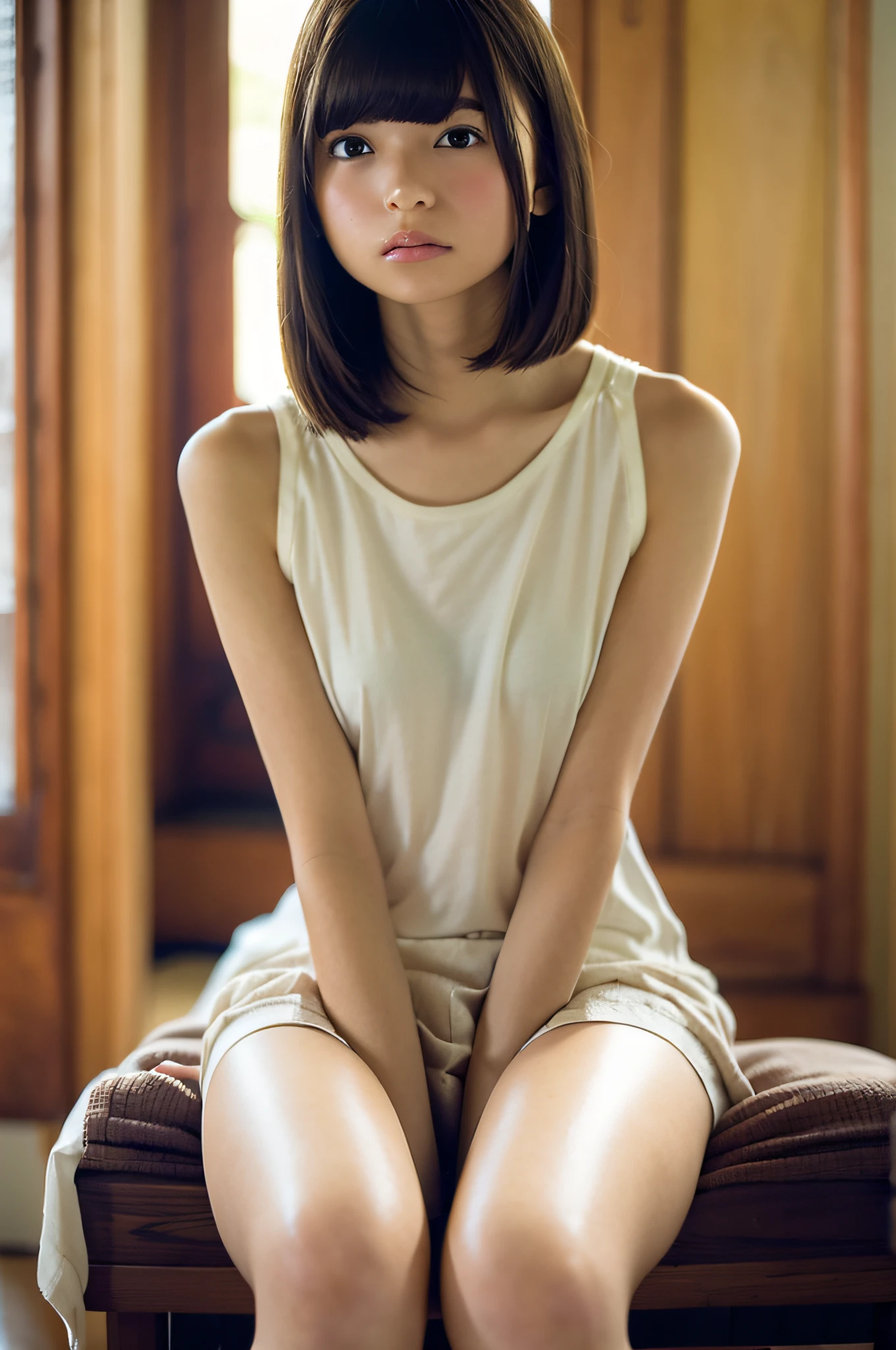 Good hands, 4K, high-resolution, masterpiece, top quality, head: 1.3, ( girl spreading her legs), fine skin, sharp focus, (cinematic lighting), collarbone, morning, soft lighting, dynamic angle, [: (Detailed face: 1.2): 0.2], side wrinkles, thigh gaps, tank top, slender, medium breasts, cleavage,
Full-bodied