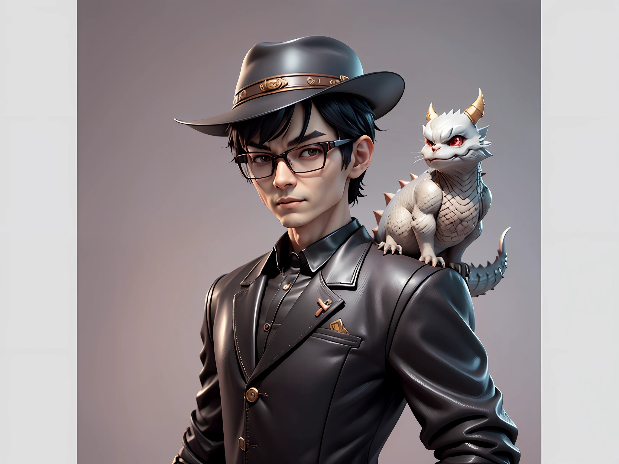 Young man with oriental face in leather hat, dragon, formal suit, short black hair, silver glasses, digital painting, 3D character design by Mark Clairedon and Pixar and Hayao Miyazaki and Akira Toriyama, the illustration is a high-definition illustration in 4K resolution with very detailed facial features and cartoon-style visuals.