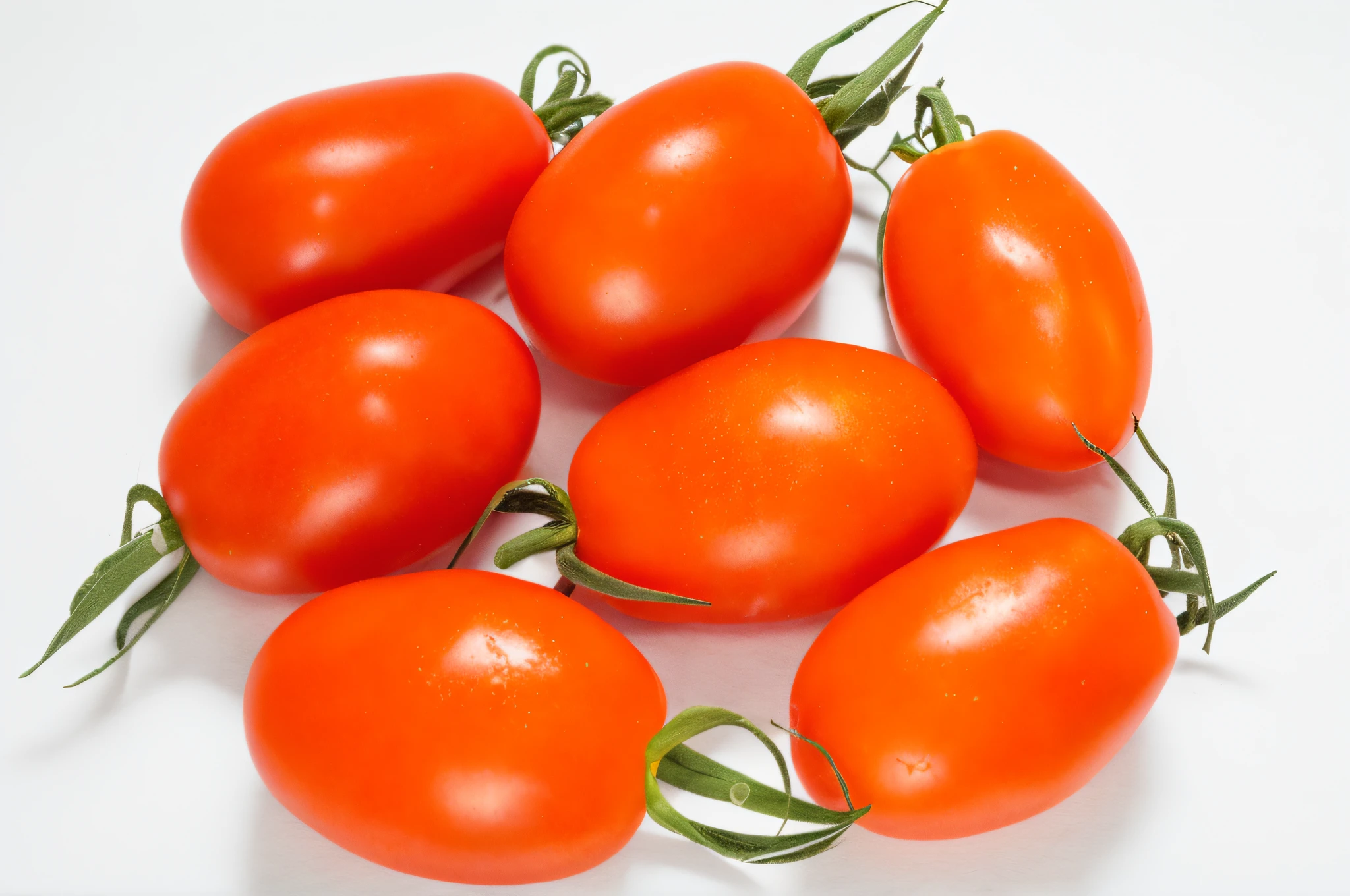 there are six tomatoes on the vine on the white surface, tomatoes, also tomato, tomato, large cornicione, forest gump tomato body, tomato sauce, by Juan O'Gorman, one red tomato slice, tomatoes hanging on branches, very tasty, one tomato slice, livia prima, on a white background, also one tomato slice, vegetable, illinois