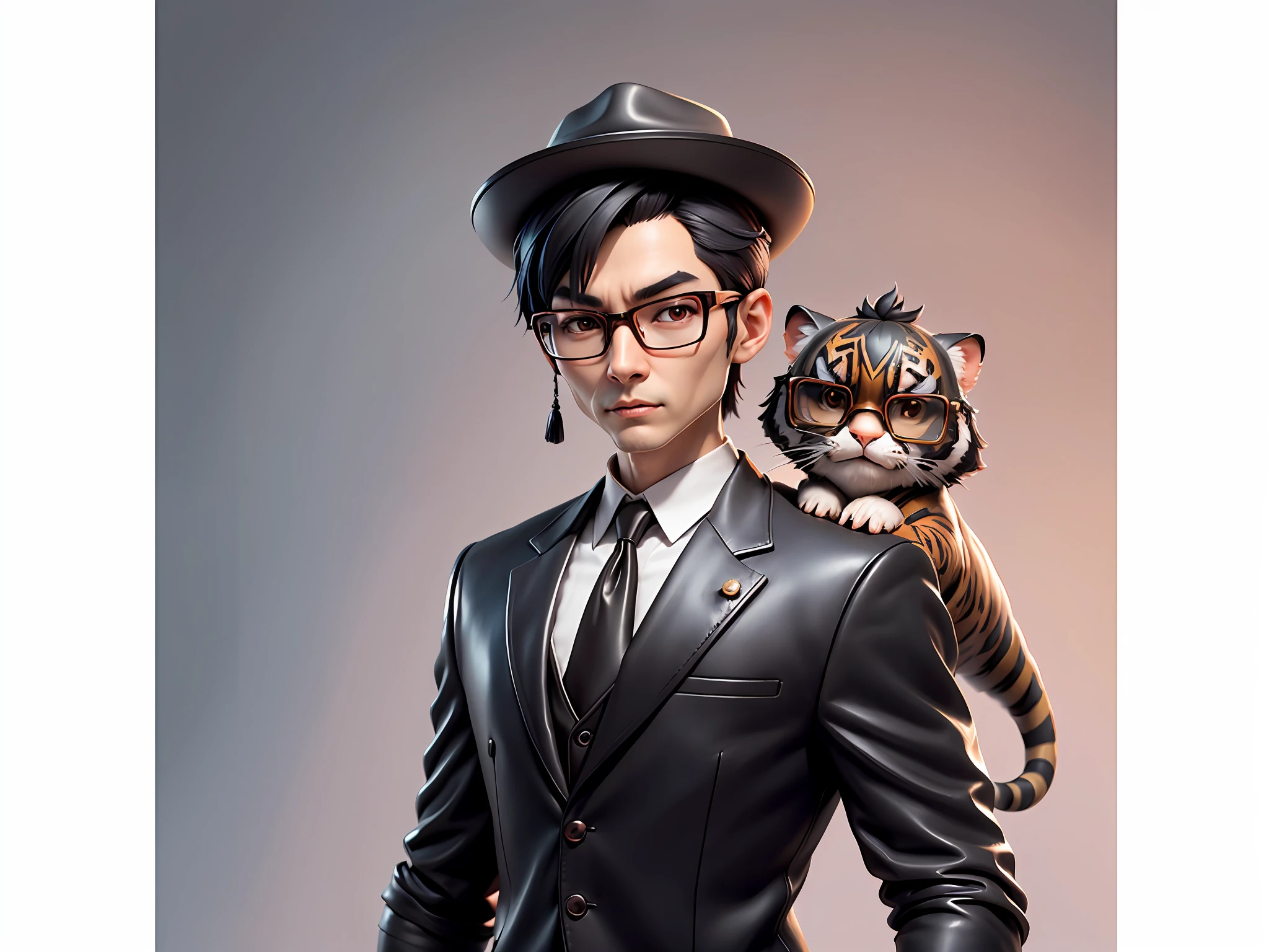 Young man with oriental face in leather hat, tiger, oriental face in formal suit, short black hair, silver glasses, digital painting, 3D character design by Mark Clairedon and Pixar and Hayao Miyazaki and Akira Toriyama, the illustration is a high-definition illustration in 4K resolution with very detailed facial features and cartoon-style visuals.