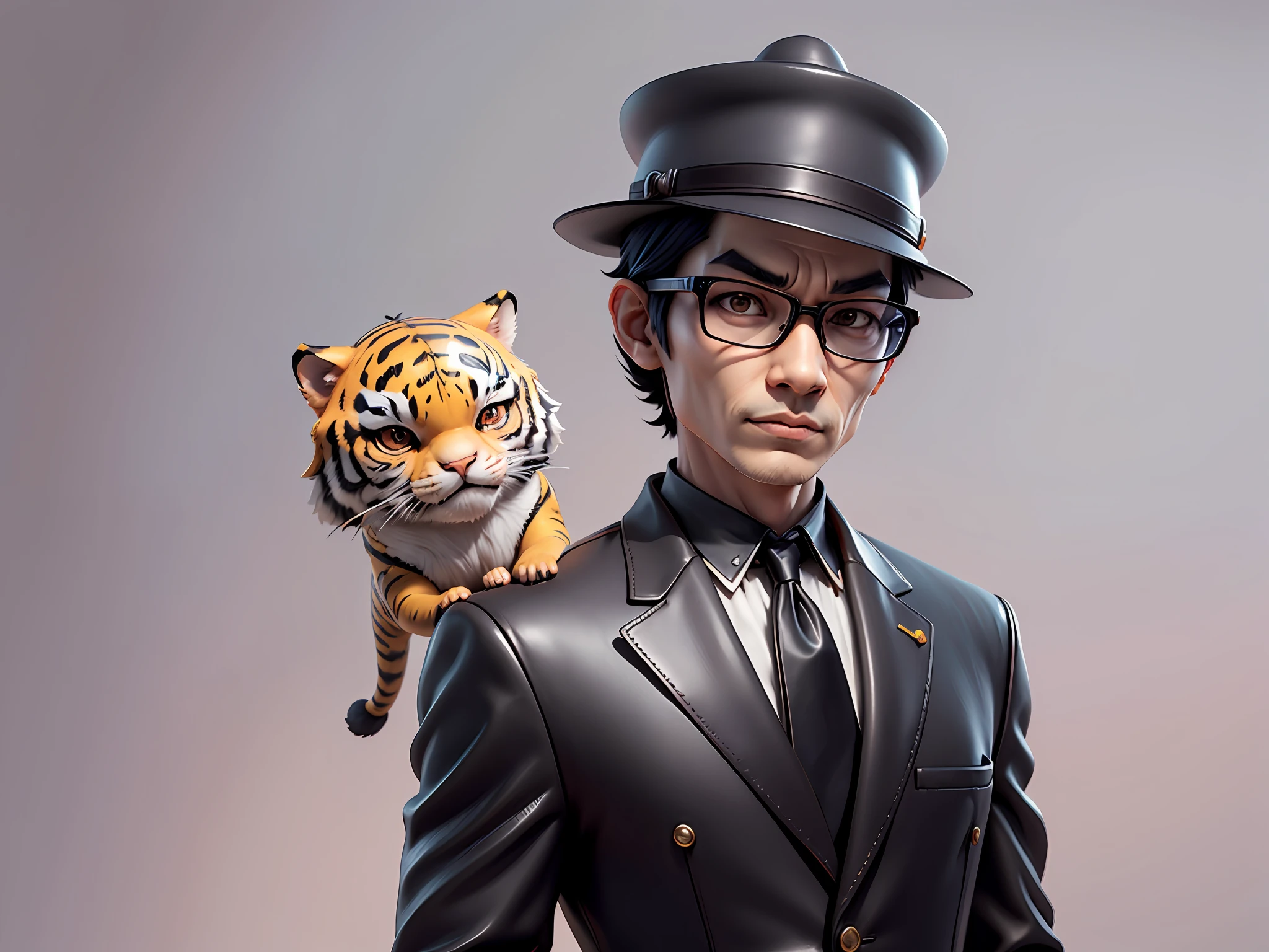 Young man with oriental face in leather hat, tiger, oriental face in formal suit, short black hair, silver glasses, digital painting, 3D character design by Mark Clairedon and Pixar and Hayao Miyazaki and Akira Toriyama, the illustration is a high-definition illustration in 4K resolution with very detailed facial features and cartoon-style visuals.