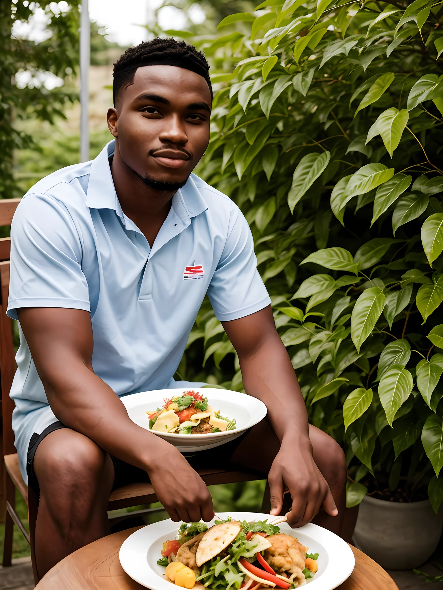 there is a young man sitting at a table with a plate of food, around 1 9 years old, godwin akpan, album photo, frontal picture, he is about 2 0 years old, he is about 20 years old, inspired by Chinwe Chukwuogo-Roy, 2 3 years old, david uzochukwu, 2 2 years old