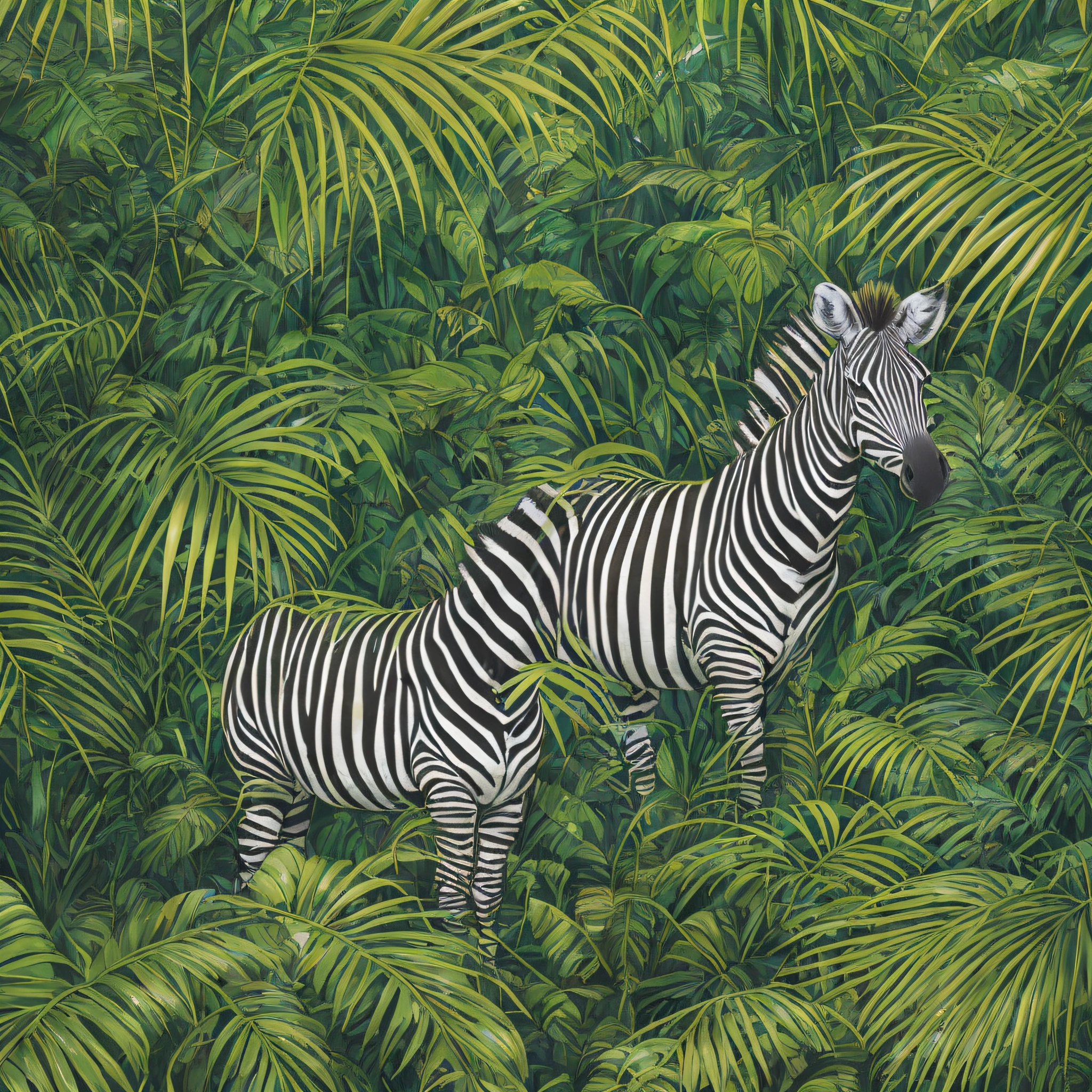 zebra standing in a jungle of palm leaves and plants, among foliage, wet foliage, in a highly detailed jungle, by Elizabeth Jane Lloyd, plus the zebra, in a rainforest, in a jungle, in the jungle, wildlife illustration, highly detailed, curious painting, by Tina Blondell, by Elizabeth Charleston, zebra, oil on canvas highly detailed,  Mysterious painting in the jungle