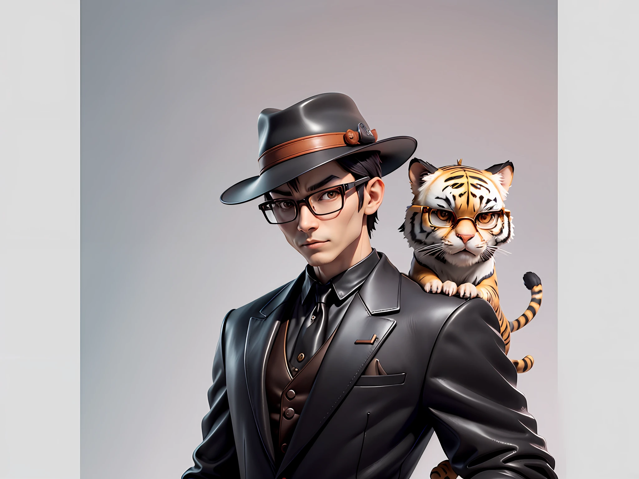 Young man with oriental face in leather hat, tiger, oriental face in formal suit, short black hair, silver glasses, digital painting, 3D character design by Mark Clairedon and Pixar and Hayao Miyazaki and Akira Toriyama, the illustration is a high-definition illustration in 4K resolution with very detailed facial features and cartoon-style visuals.