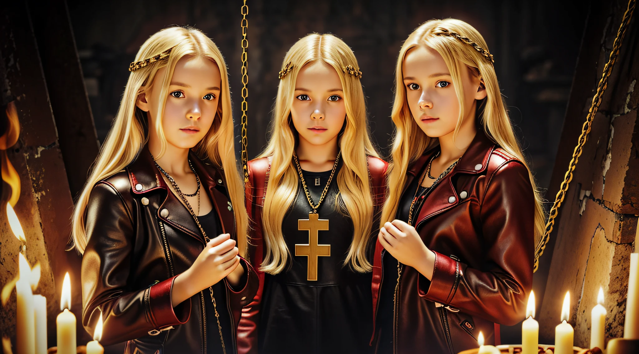 A half body, portrait of 3 girls German children long blonde hair of 12 years, red leather jackets, holding in their hands a cross, background of chains, chain, more chains, many chains, , red, red fire, many background flames. A FEW CANDLES LIT,
