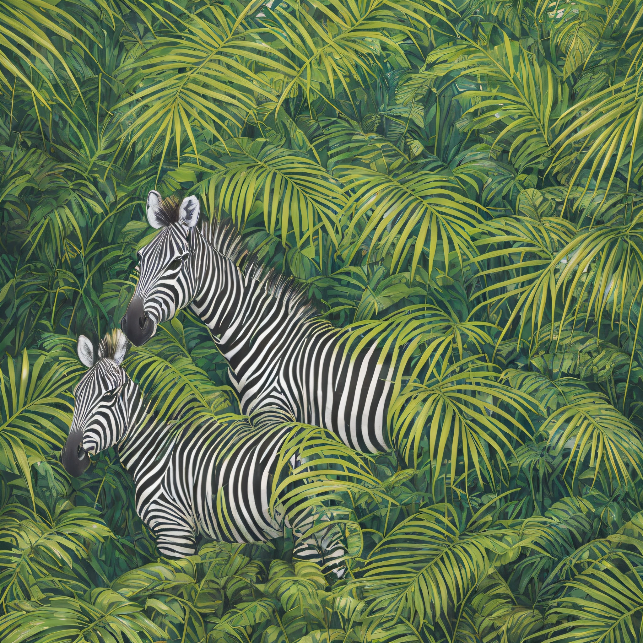 zebra standing in a jungle of palm leaves and plants, among foliage, wet foliage, in a highly detailed jungle, by Elizabeth Jane Lloyd, plus the zebra, in a rainforest, in a jungle, in the jungle, wildlife illustration, highly detailed, curious painting, by Tina Blondell, by Elizabeth Charleston, zebra, oil on canvas highly detailed, Mysterious painting in the jungle