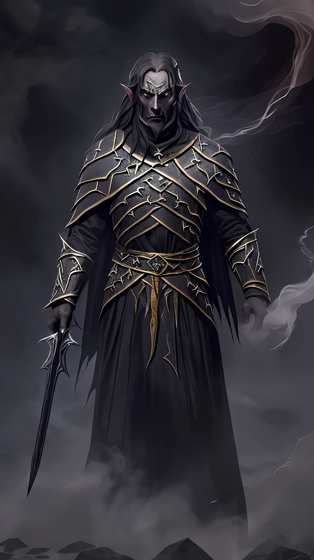 A grim full-body portrait of saurom ((((Middle earth dark lord, tolkien))) in a hostile environment with smoke and fire --auto --s2