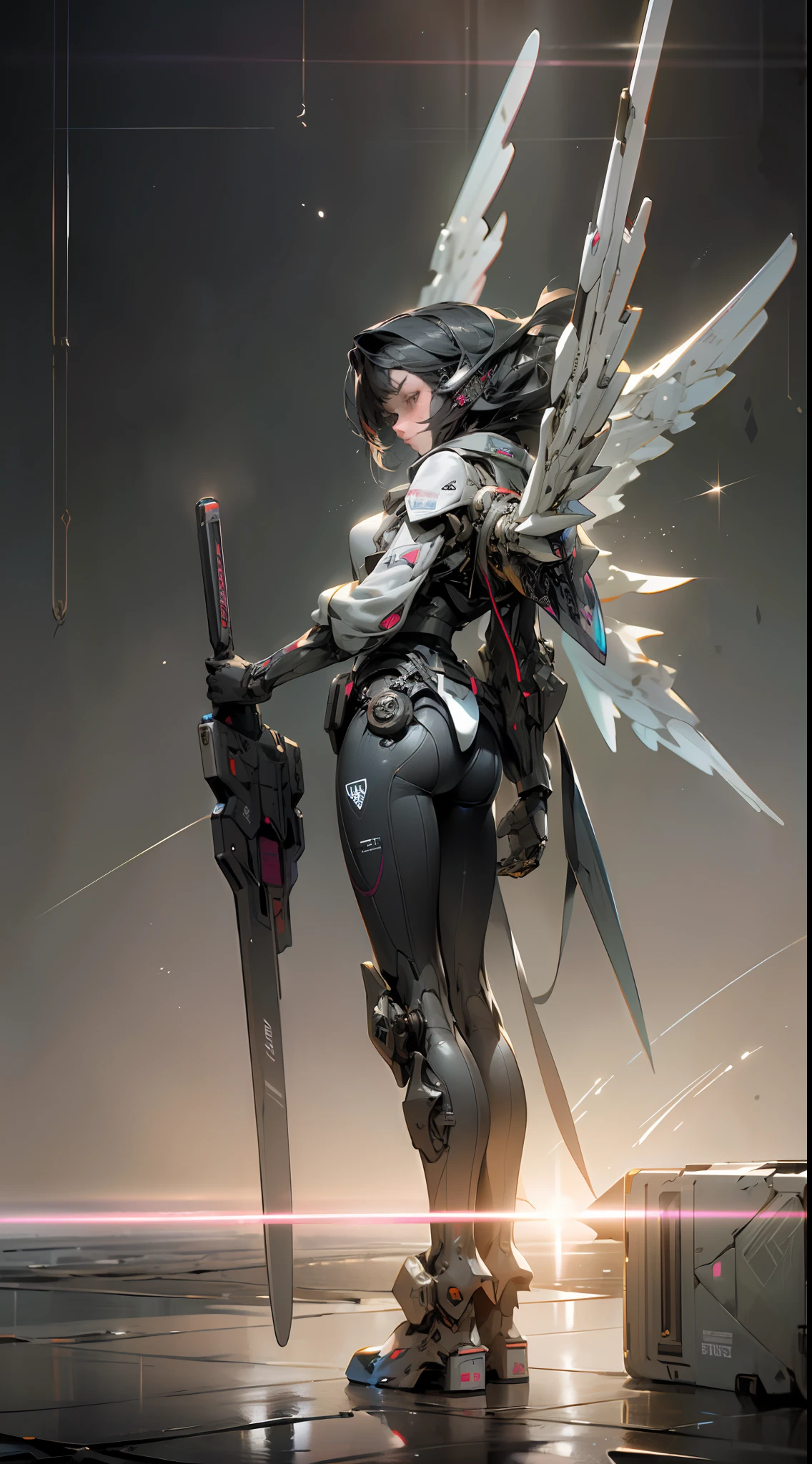 ((Best quality)), ((masterpiece)), (highly detailed:1.3), 3D, beautiful, (cyberpunk:1.2), rear angle, in space, nebula, holding_weapon, (1Female Mecha:1.3), facing the viewer, bright eyes, full body, (flying, descending, dynamic, motion blur: 1.4), (huge mecha wings: 1.6), looking up, glowing_eyes, mecha, panorama, background is earth, nebula, space, particles, reality, HDR (High Dynamic Range),  Ray Tracing, NVIDIA RTX, Super Resolution, Unreal 5, Subsurface Scattering, PBR Texturing, Post-Processing, Anisotropic Filtering, Depth of Field, Maximum Clarity and Clarity, Multilayer Textures, Albedo and Specular Map, Surface Shading, Accurate Light-Material Interaction Simulation, Perfect Aspect Ratio, Octane Render, Two-Tone Lighting, Large Aperture, Low ISO, White Balance, Rule of Thirds, 8K RAW,  efficient sub-pixel, sub-pixel convolution,