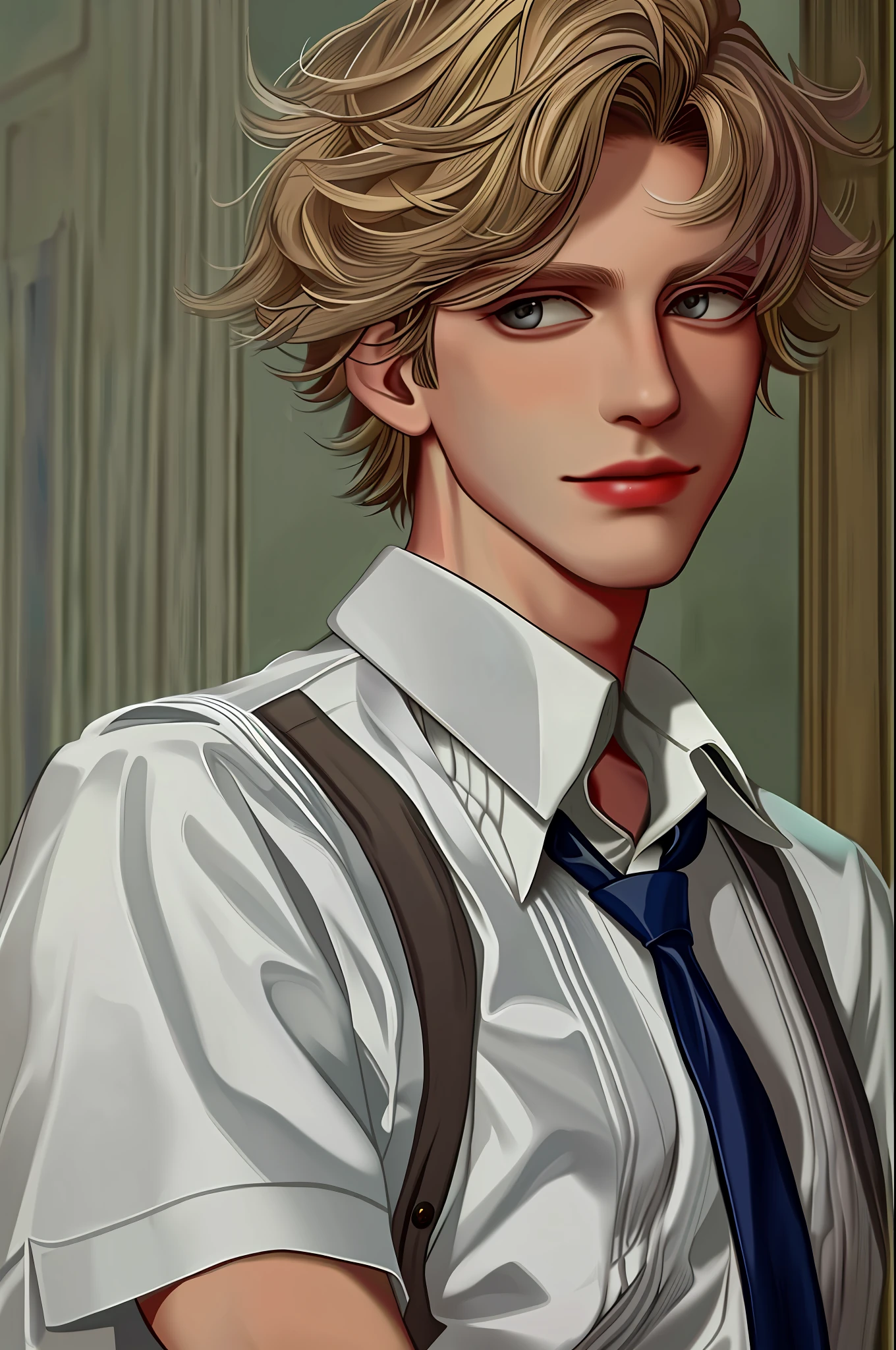 masterpiece, best quality, 1boy, solo, collared shirt, white shirt, sweater vest, tie, short sleeves, half body, looking at viewer