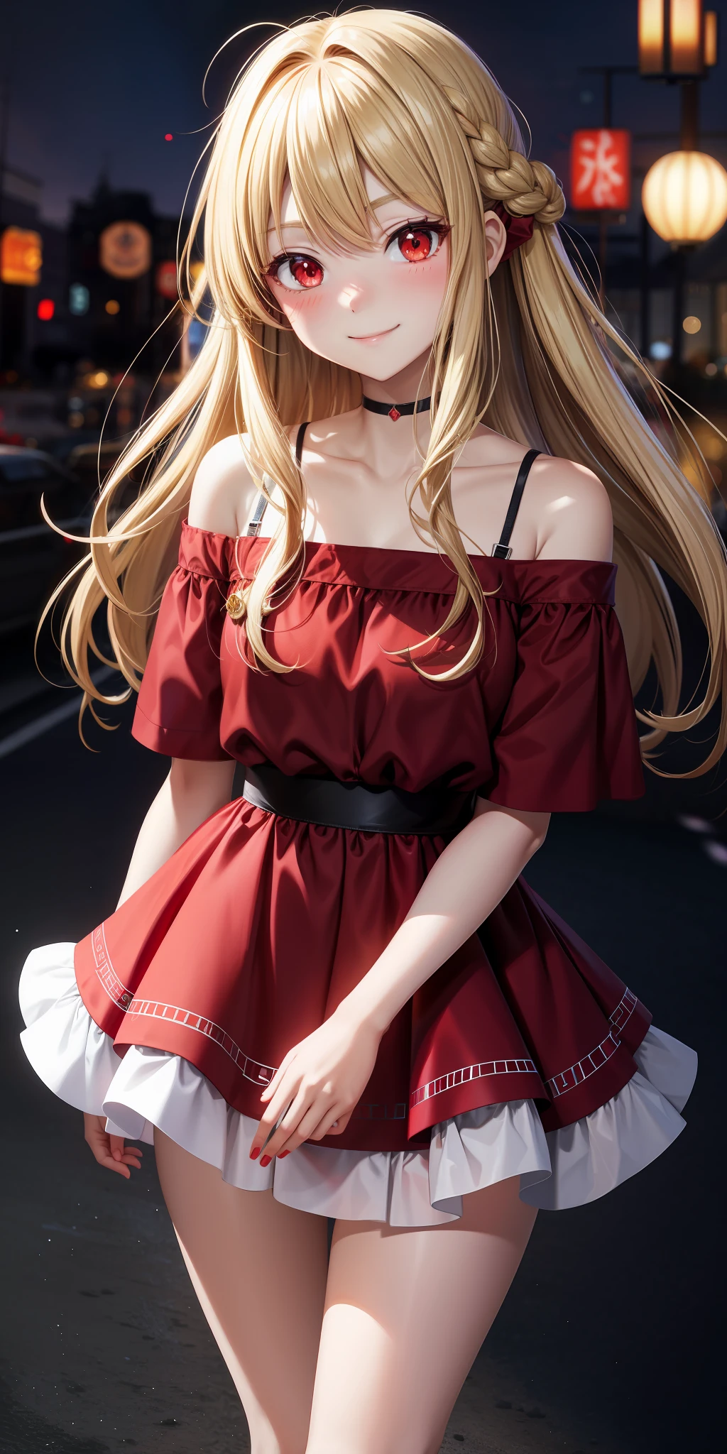 anime, girl alone, blonde, long hair, red eyes, off-shoulder, red dress, mini skirt, upper eyes, blush, smile,