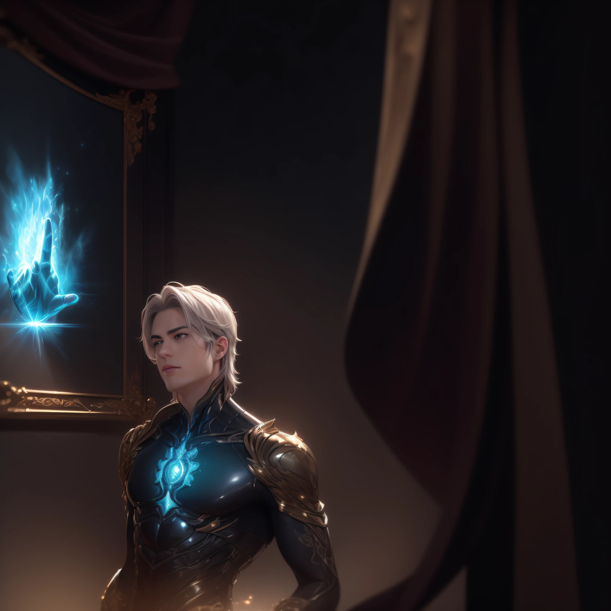 (((masterpiece))), ((best quality))), ((ultra-detailed)), (hyper-realistic), (highly detailed CG illustration), ((extremely delicate and beautiful))), cinematic light. There is a man in a black suit holding a shiny object, Adam Warlock, amazing wallpaper, human torch, background art, blue fire powers, HD wallpaper, he is casting a lighting spell, Boys' Homener, Dark Dark Reverse Power Aura, Shining Electric Aura, Bright Golden Aura, Colorful Pose Hero City Lighting,  shiny black aura --auto --s2