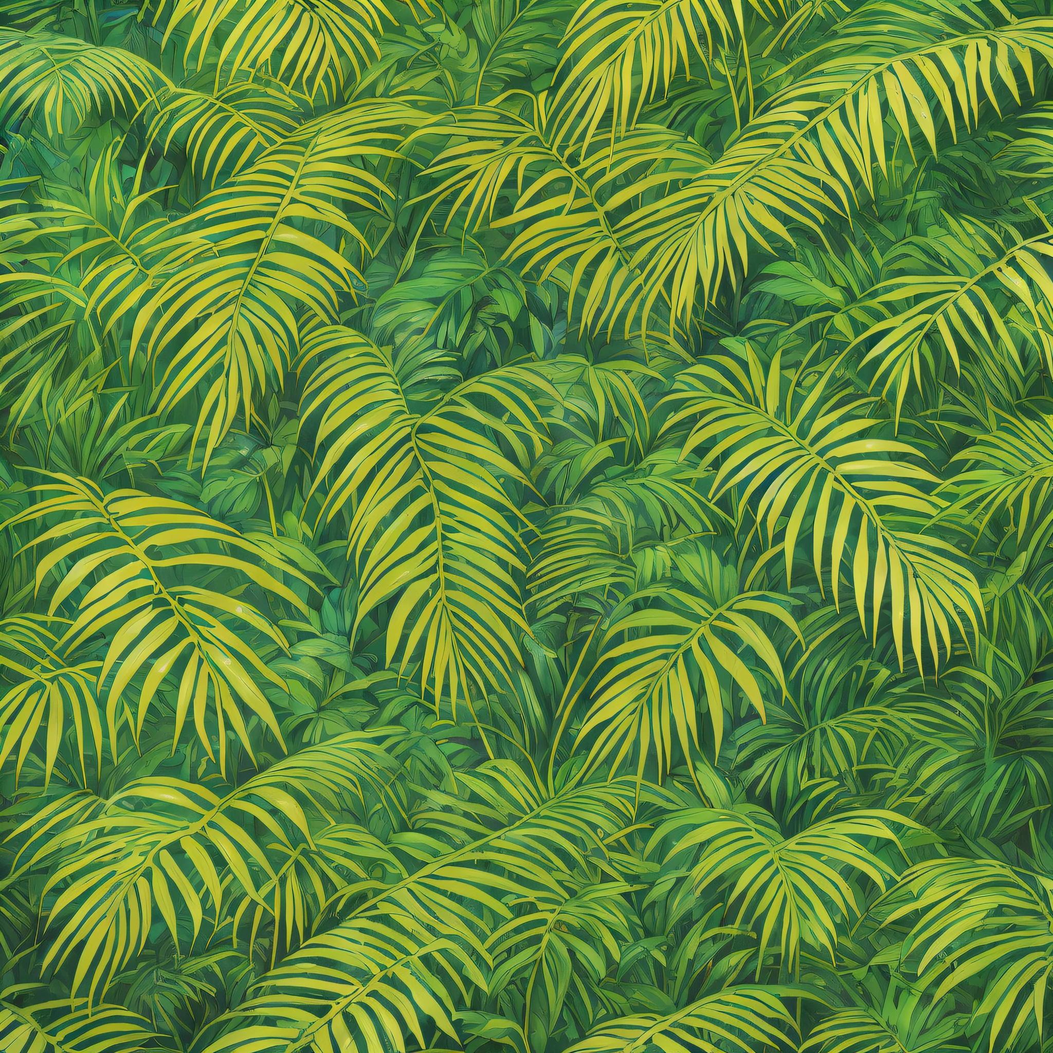 a close up of a painting of a bunch of palm leaves, tropical foliage, deep jungle texture, jungle as the background, background jungle, jungle background, tropical palms, green jungle background, tropical background, tropical vegetation, tropical jungle, rainforest background, lush foliage, tropical leaves, the background is lush jungle, tropical forest, dense jungle, botanic foliage, fronds