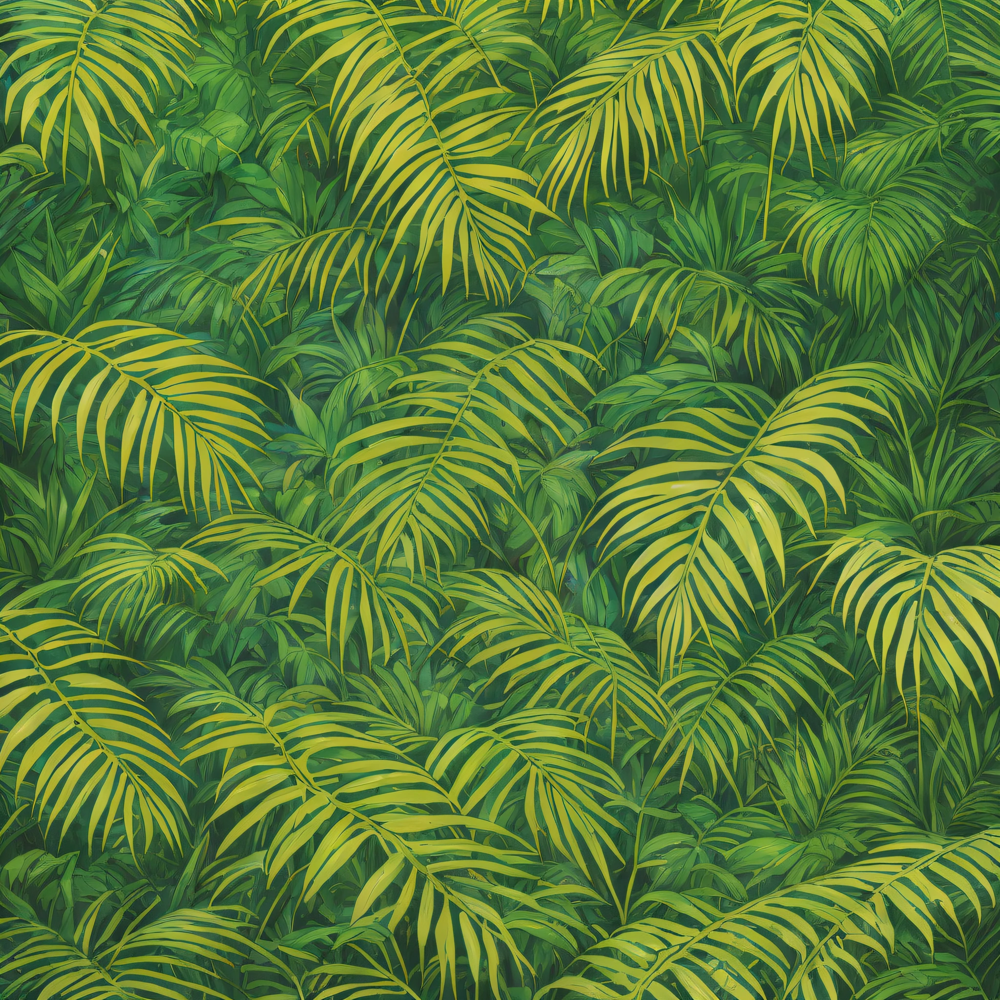a close up of a painting of a bunch of palm leaves, tropical foliage, deep jungle texture, jungle as the background, background jungle, jungle background, tropical palms, green jungle background, tropical background, tropical vegetation, tropical jungle, rainforest background, lush foliage, tropical leaves, the background is lush jungle, tropical forest, dense jungle, botanic foliage, fronds
