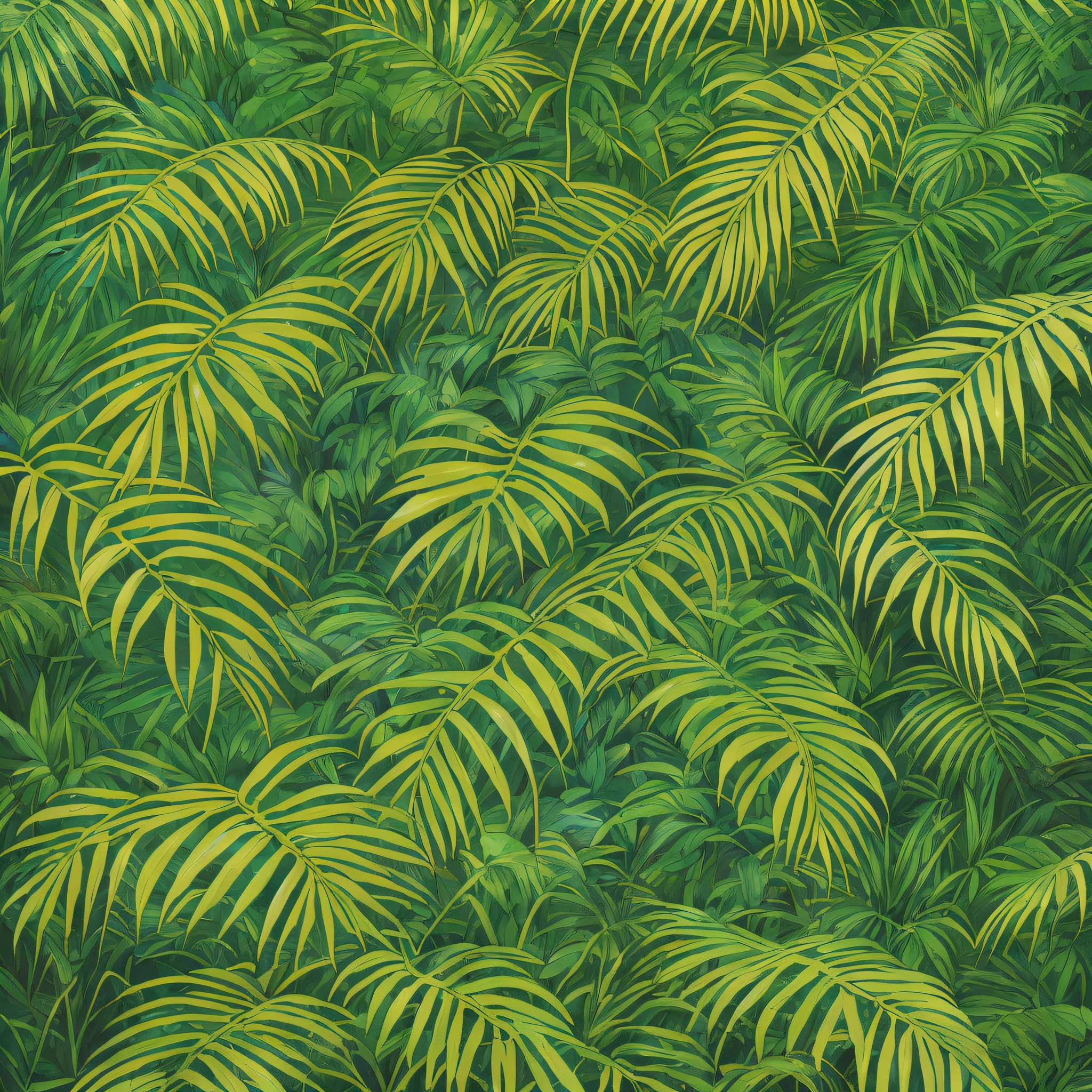 a close up of a painting of a bunch of palm leaves, tropical foliage, deep jungle texture, jungle as the background, background jungle, jungle background, tropical palms, green jungle background, tropical background, tropical vegetation, tropical jungle, rainforest background, lush foliage, tropical leaves, the background is lush jungle, tropical forest, dense jungle, botanic foliage, fronds