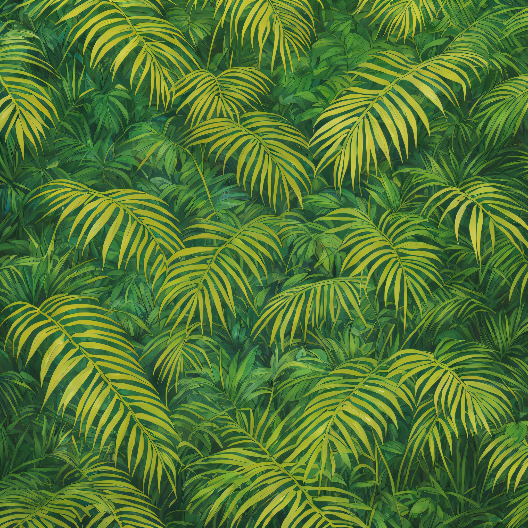 a close up of a painting of a bunch of palm leaves, tropical foliage, deep jungle texture, jungle as the background, background jungle, jungle background, tropical palms, green jungle background, tropical background, tropical vegetation, tropical jungle, rainforest background, lush foliage, tropical leaves, the background is lush jungle, tropical forest, dense jungle, botanic foliage, fronds