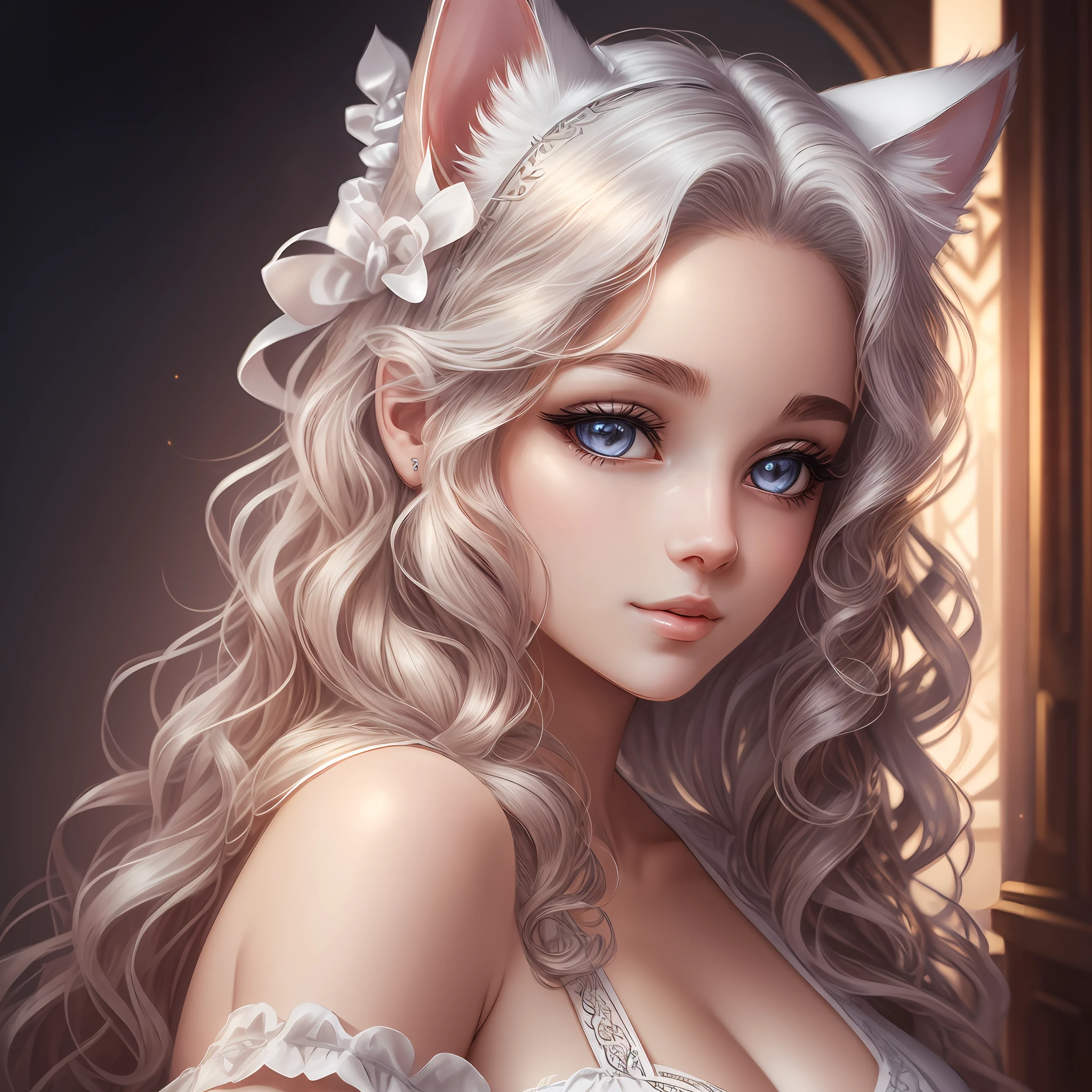 Beautiful eyes, best quality, realistic drawing, real life, face, 4k, white and curly hair, cat ears, greek clothing, neckline background, sensual pose, sensual,, artwork, realistic lighting --auto --s2