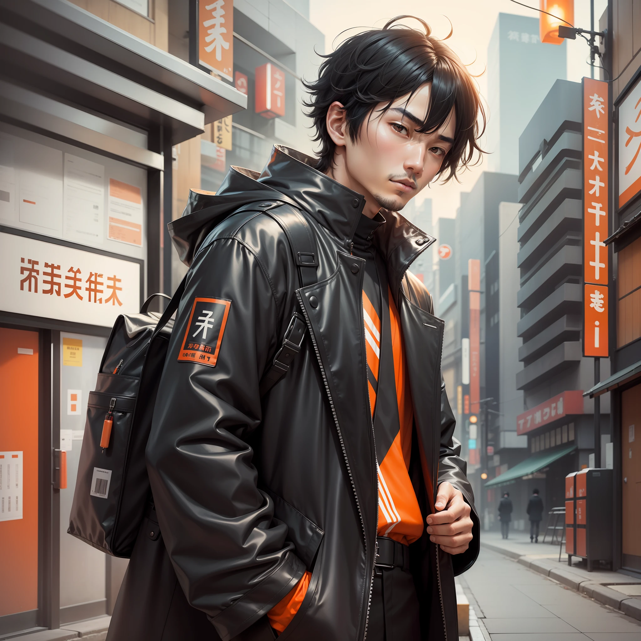 A man, Japanese, short hair, black hair, black coat with orange liters