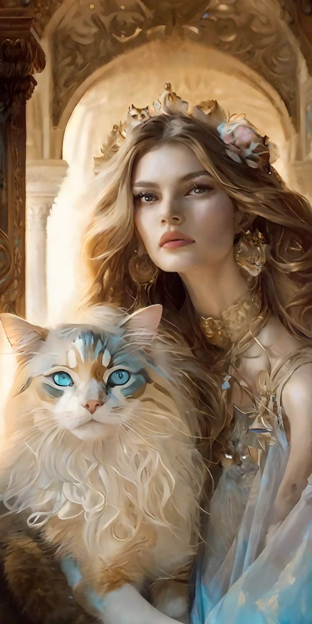 A woman in a blue dress holding a cat in a hallway, beautiful goddess of Leo, beautiful animal pearl queen, attractive, Amano and Karol bak, cat, very beautiful cute girl, elegant cat, karol bak style, beautiful young woman, woman and cat, high resolution,8k