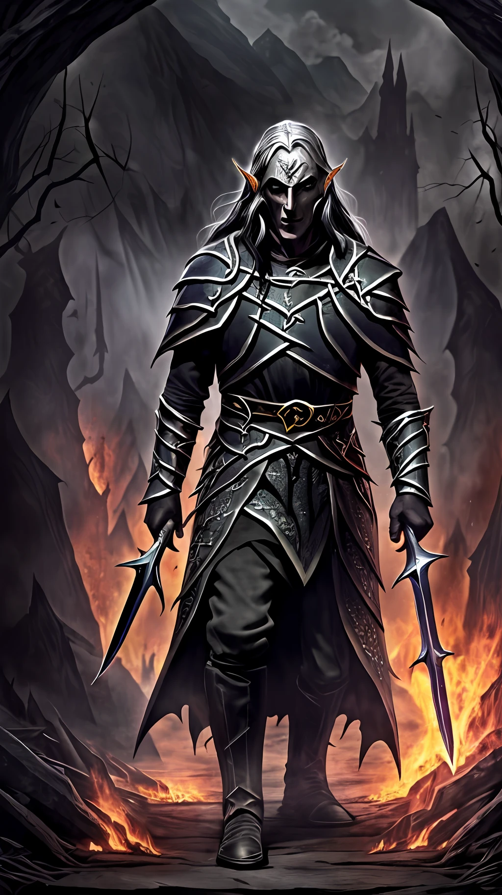 A grim full-body portrait of saurom ((((Middle earth dark lord, tolkien))) in a hostile environment with smoke and fire --auto --s2