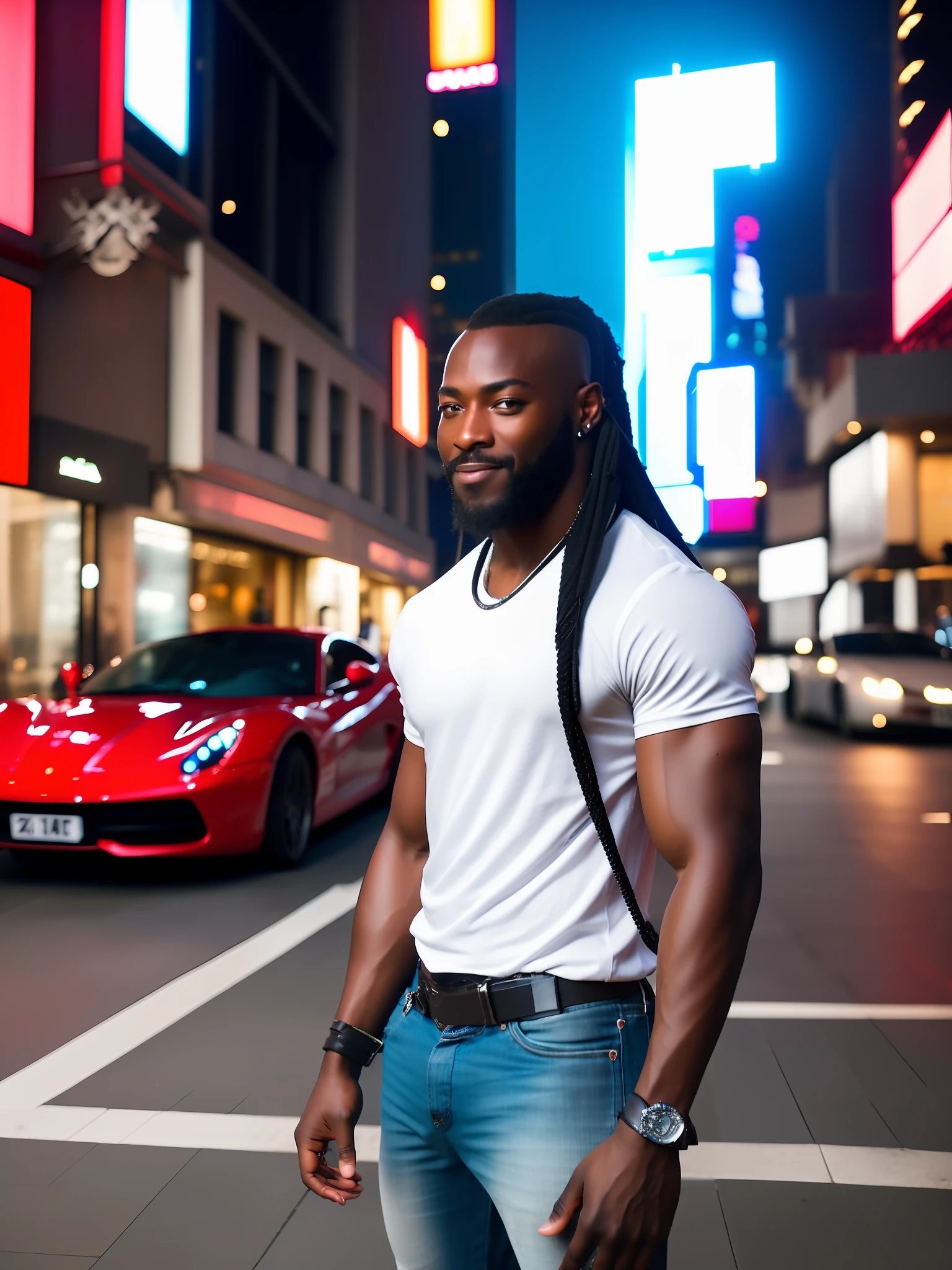 Portrait of a young black Viking warrior very handsome and strong, white shirt, jeans, white sneakers, standing in front of a red Ferrari, illuminated buildings, Time Square, close up, attack pose and attitude.