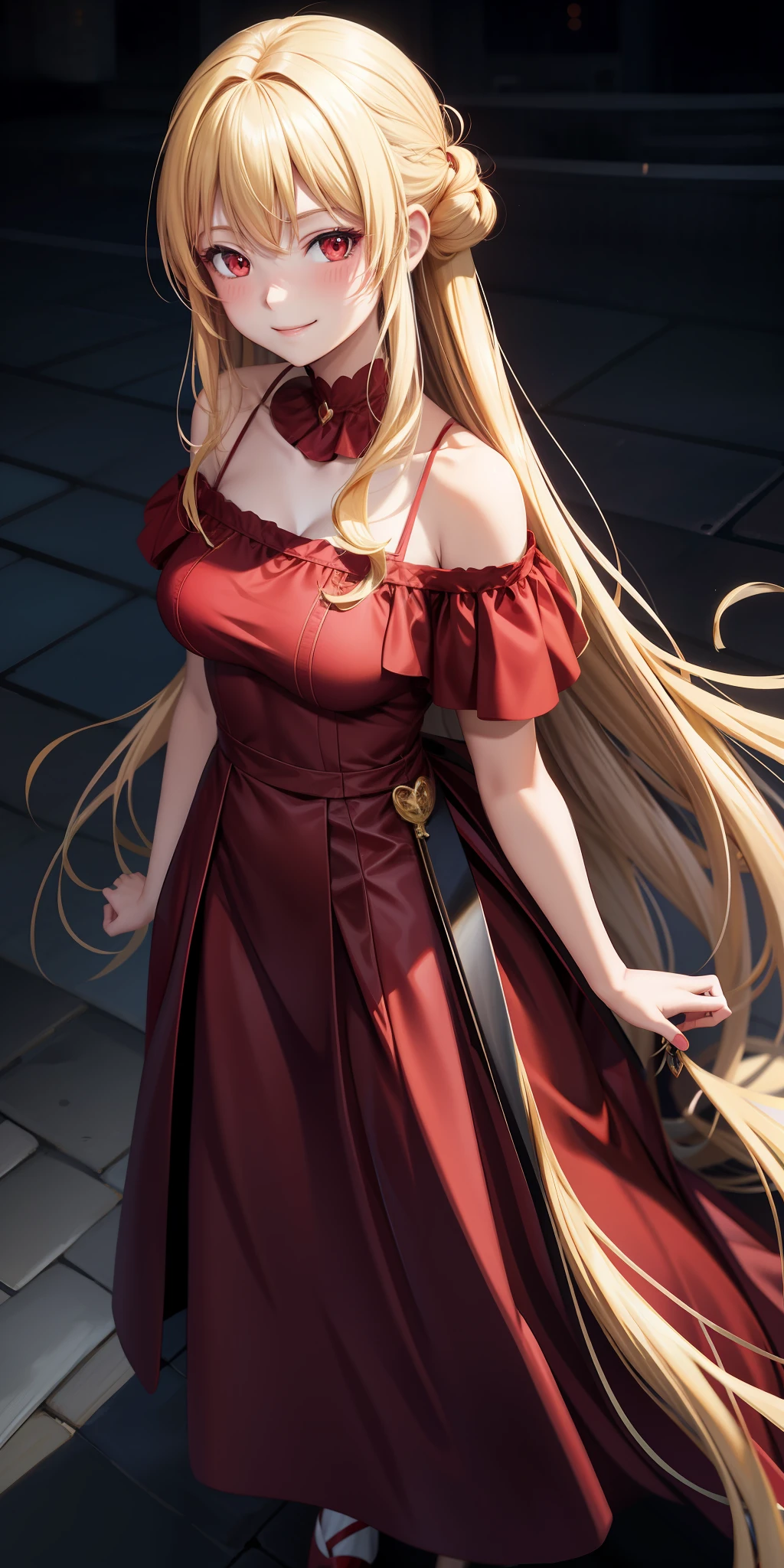 anime, single girl, blonde, long hair, red eyes, off-shoulder, red dress, blush, smile, looking at camera, illustration from above