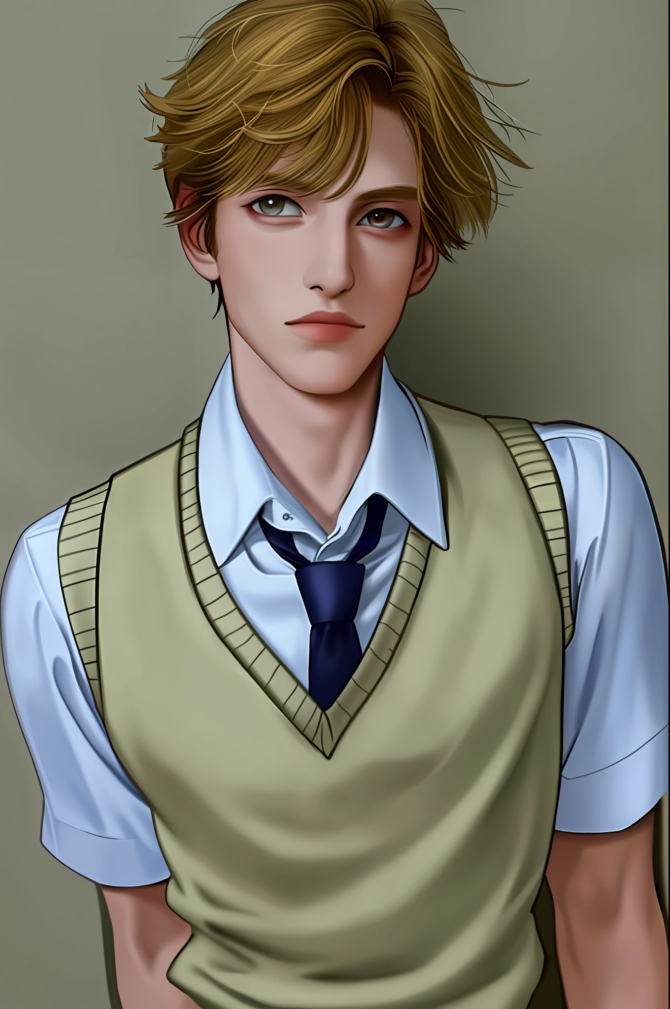masterpiece, best quality, 1boy, solo, collared shirt, white shirt, sweater vest, tie, short sleeves, half body, looking at viewer