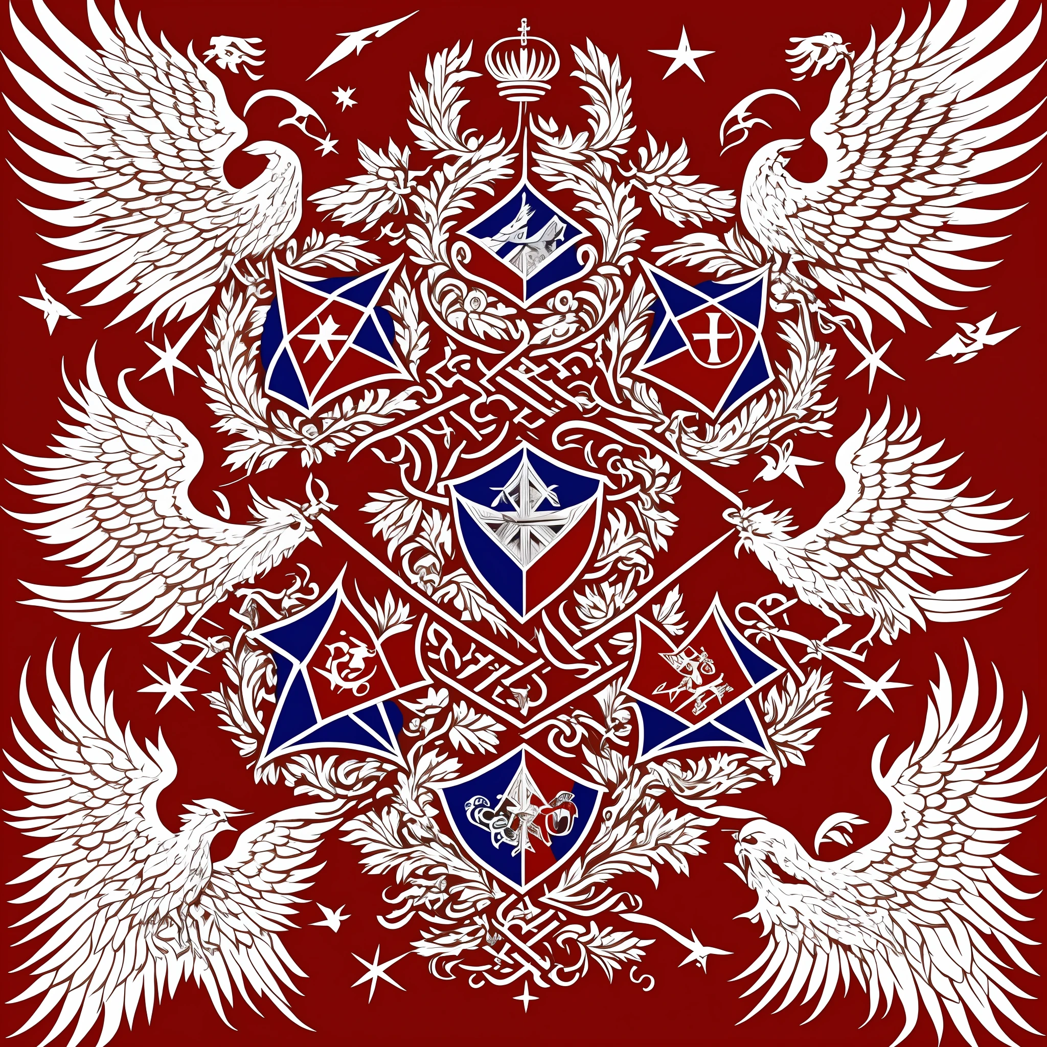 creates an image with red triangular coat of arms, slightly checkered, with 3 angels passing through inside playing wind musical instrument, the coat of arms should have the colors red yellow and blue! --auto --s2