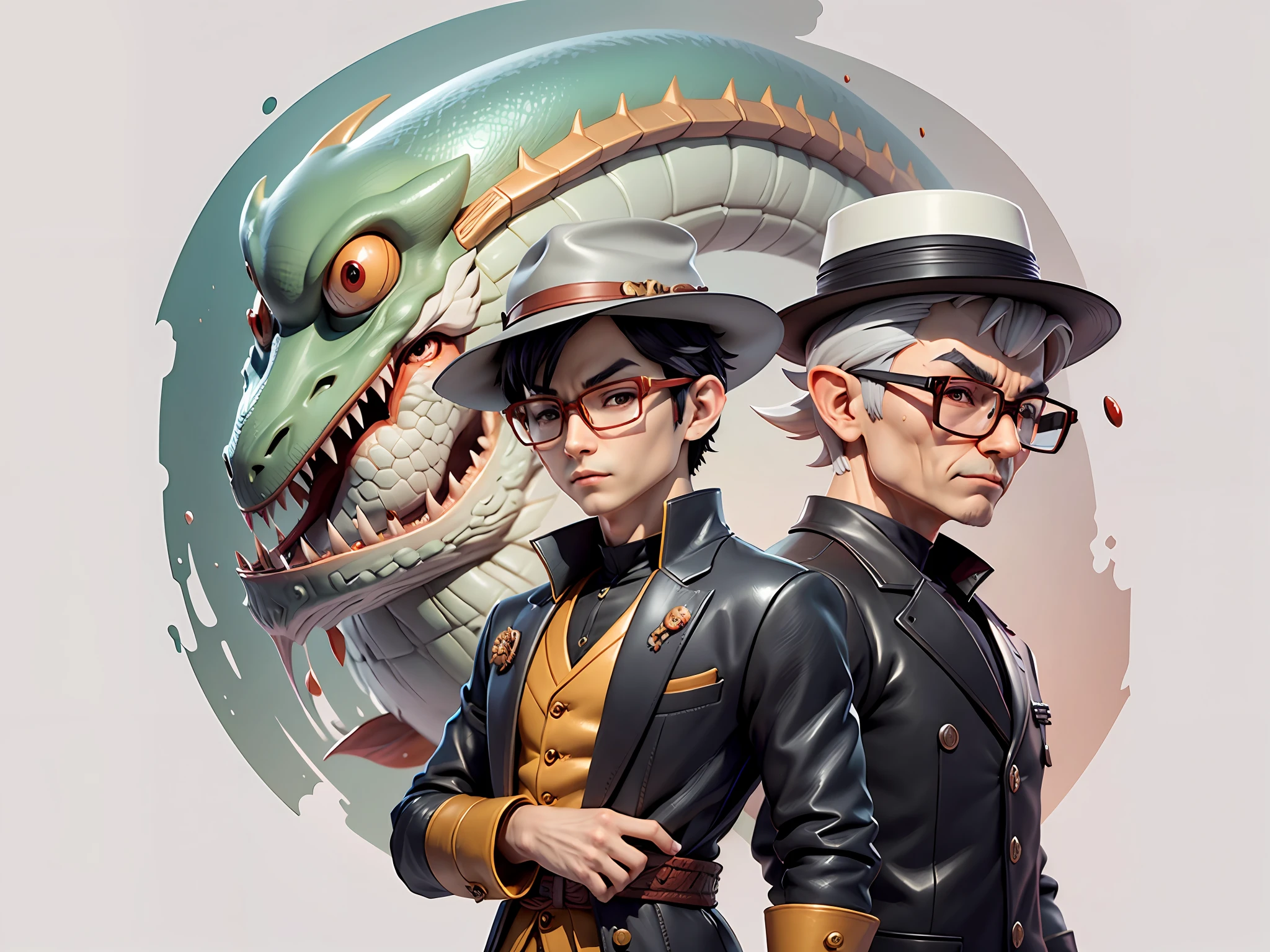 Young man with oriental face in leather hat, dragon, formal suit, short black hair, silver glasses, digital painting, 3D character design by Mark Clairedon and Pixar and Hayao Miyazaki and Akira Toriyama, the illustration is a high-definition illustration in 4K resolution with very detailed facial features and cartoon-style visuals.