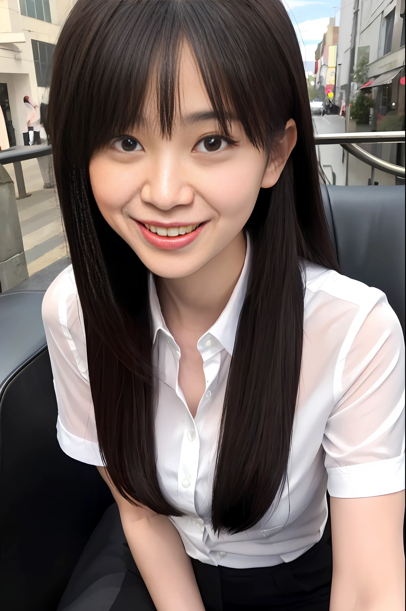 Ala Fed Asian woman sitting on black chair in the city, real life girl, young cute one asian face, beautiful Japan girl face, cute little face of a girl, Xintong Chen, realistic young gravure idol, surreal schoolgirl, cute realistic portrait, Yoshitomo Nara