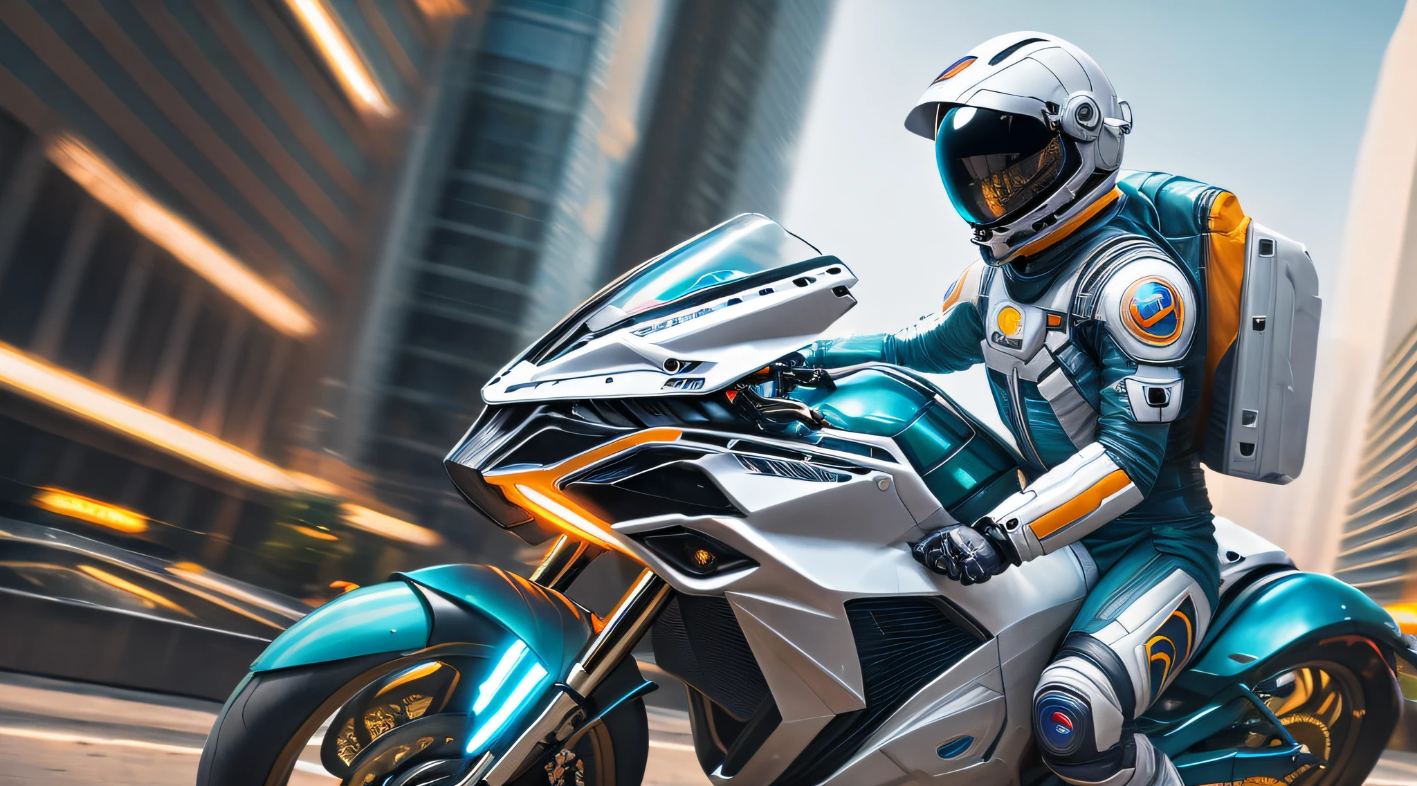 (Best quality),(masterpiece),(ultra detailed),(high detailed),(extremely detailed),futuristic astronaut riding big motorcycle made of shiny futuristic armor, future tech, futuristic city, hyper realistic, photorealistic, 8k, cinematic lighting, high quality