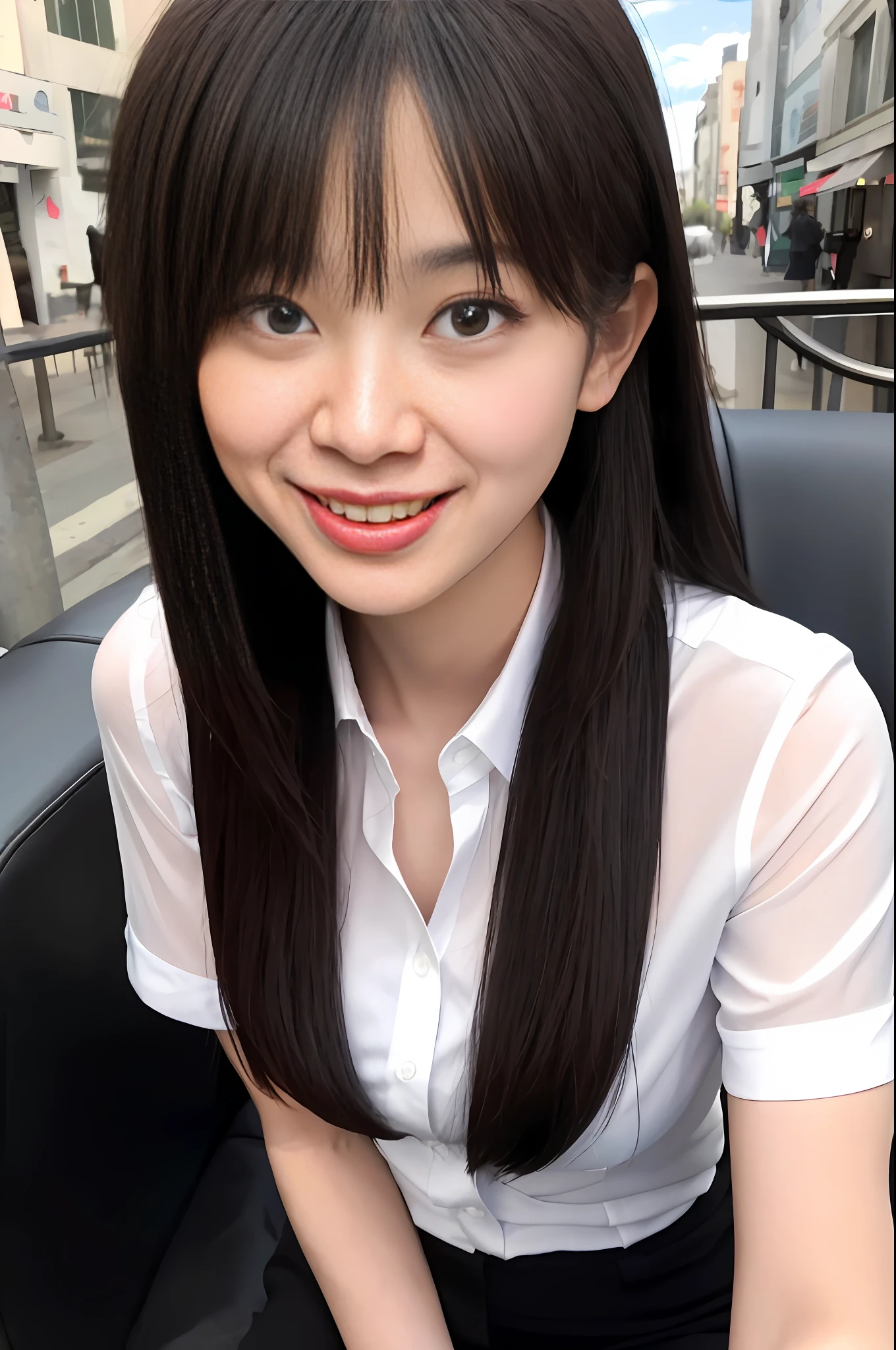 Ala Fed Asian woman sitting on black chair in the city, real life girl, young cute one asian face, beautiful Japan girl face, cute little face of a girl, Xintong Chen, realistic young gravure idol, surreal schoolgirl, cute realistic portrait, Yoshitomo Nara