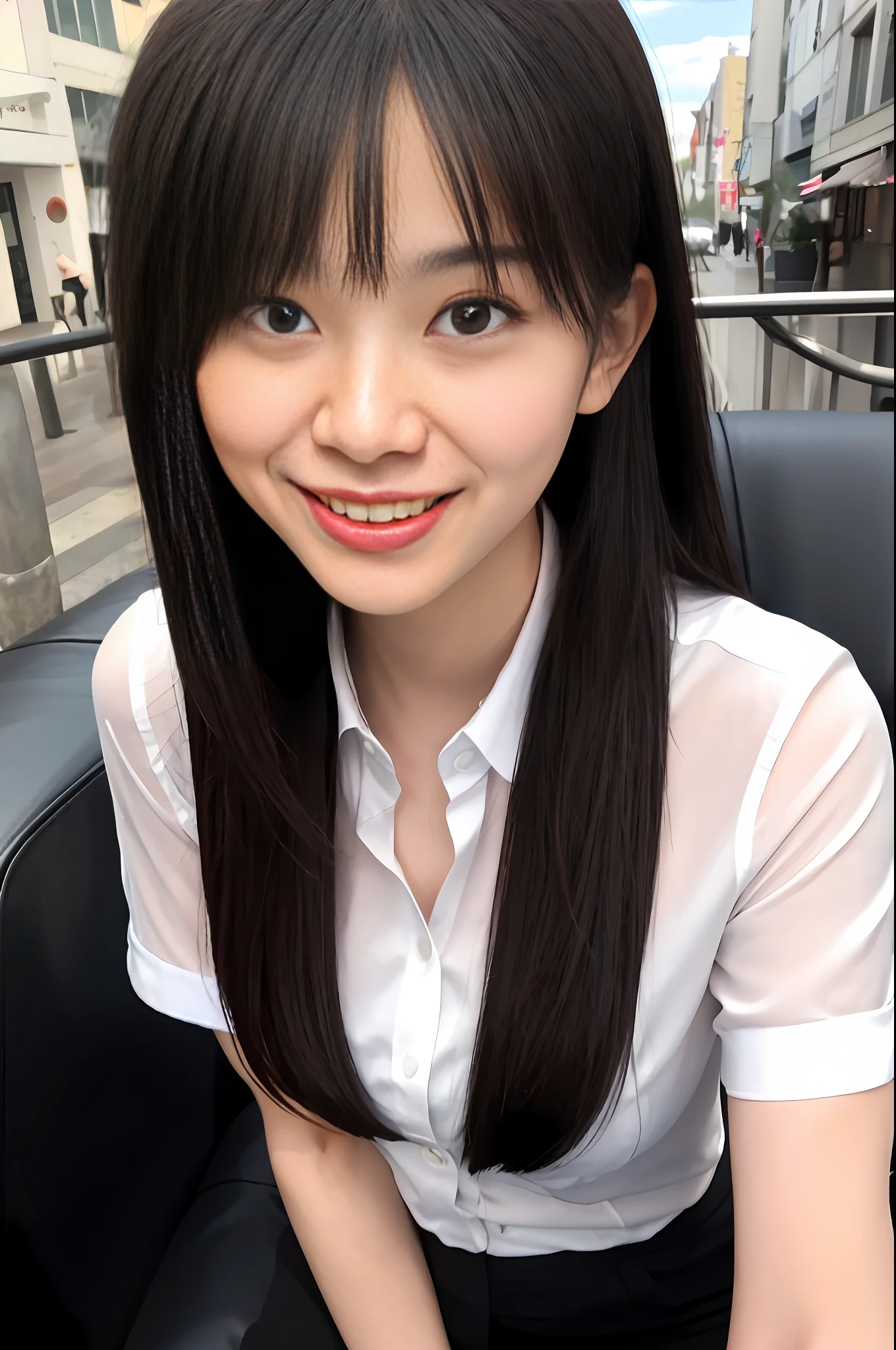 Ala Fed Asian woman sitting on black chair in the city, real life girl, young cute one asian face, beautiful Japan girl face, cute little face of a girl, Xintong Chen, realistic young gravure idol, surreal schoolgirl, cute realistic portrait, Yoshitomo Nara