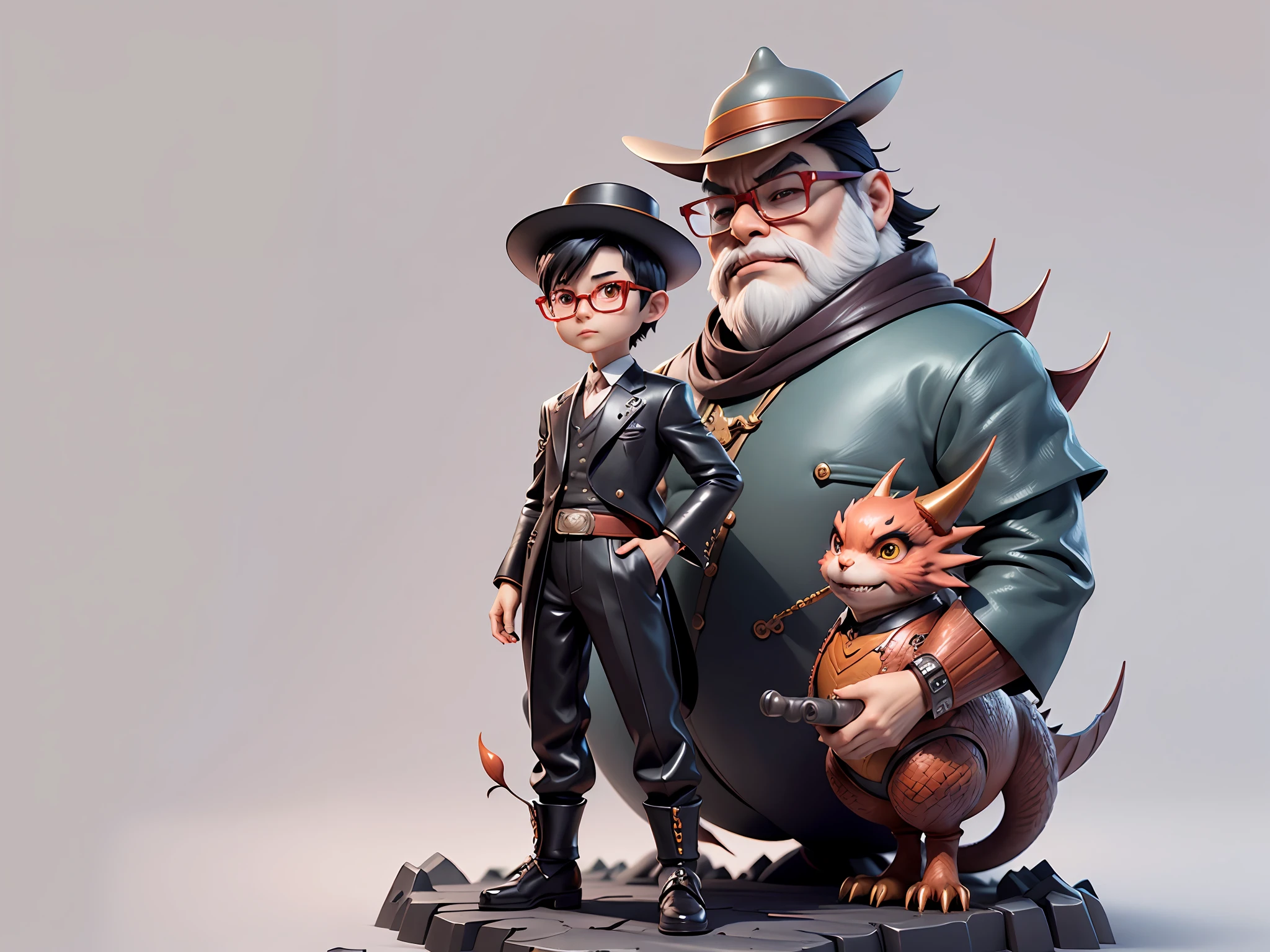 Young man with oriental face in leather hat, dragon, formal suit, short black hair, silver glasses, digital painting, 3D character design by Mark Clairedon and Pixar and Hayao Miyazaki and Akira Toriyama, the illustration is a high-definition illustration in 4K resolution with very detailed facial features and cartoon-style visuals.