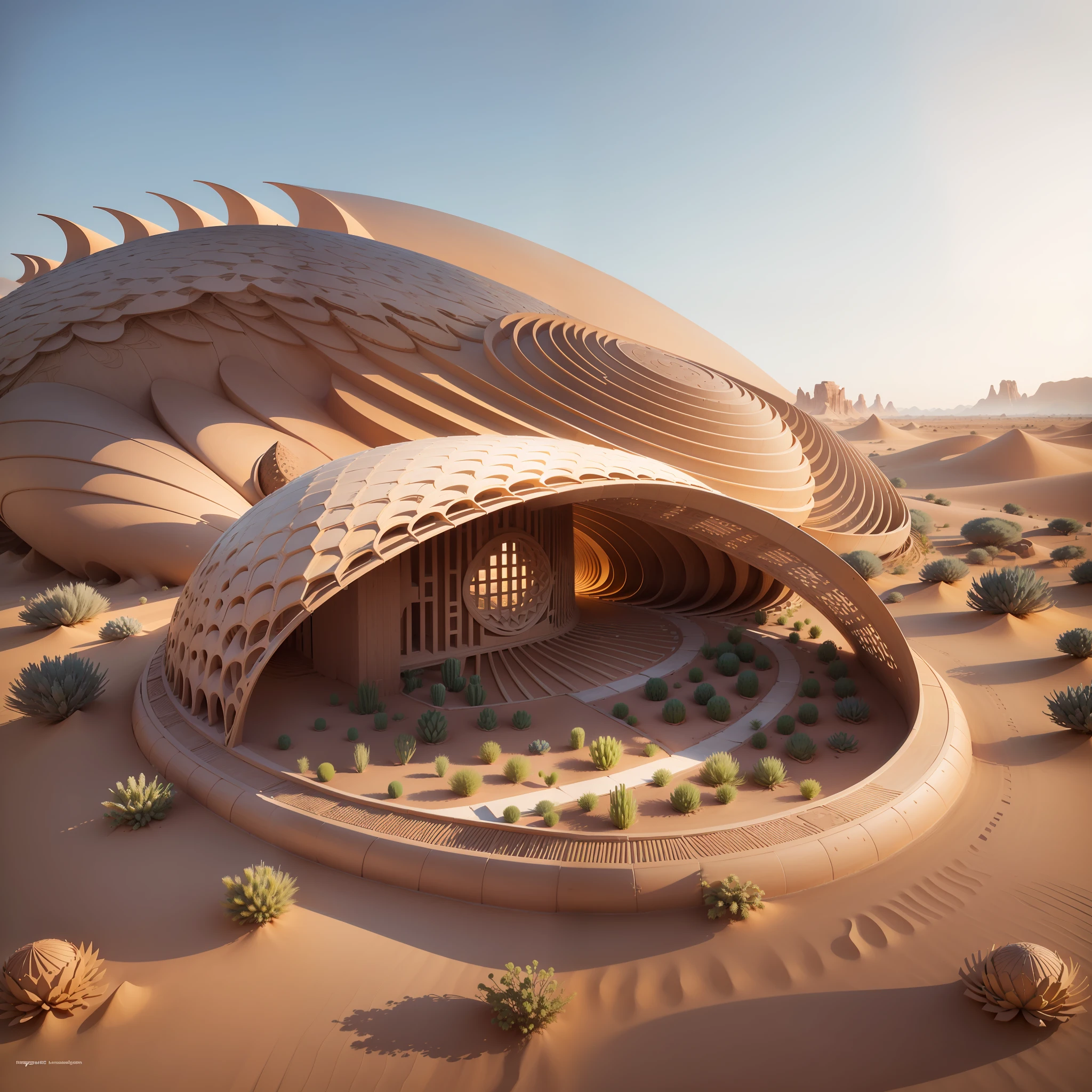 (project Vernacular architecture Parametric design organic design biomimicry-inspired architecture in desert),innovative, futuristic,dynamic perspective,high quality, ultra-detailed realistic visualization,advanced illumination and shadow, intricate details, natural elements,organic shapes and patterns,biomorphic aesthetic, harmonious color palette. --auto --s2