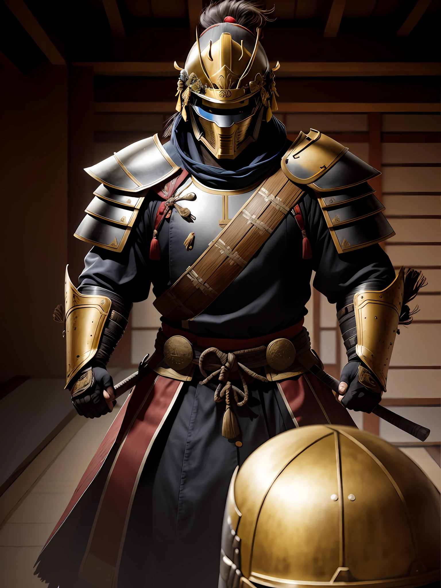 1 Warrior man in Japanese castle, wearing samurai armor, with (helmet covering face), drop shadow, halftone, vanishing point, diffraction peaks, f/1.8, Nikon, high detail, UHD, masterpiece, best quality, highres, 16k