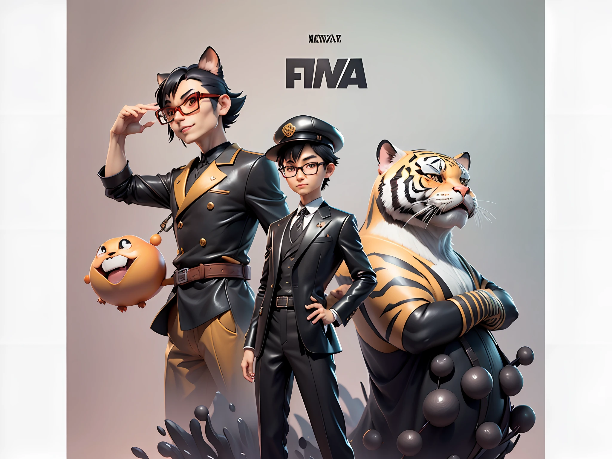 Young man with oriental face in leather hat, tiger, oriental face in formal suit, short black hair, silver glasses, digital painting, 3D character design by Mark Clairedon and Pixar and Hayao Miyazaki and Akira Toriyama, the illustration is a high-definition illustration in 4K resolution with very detailed facial features and cartoon-style visuals.