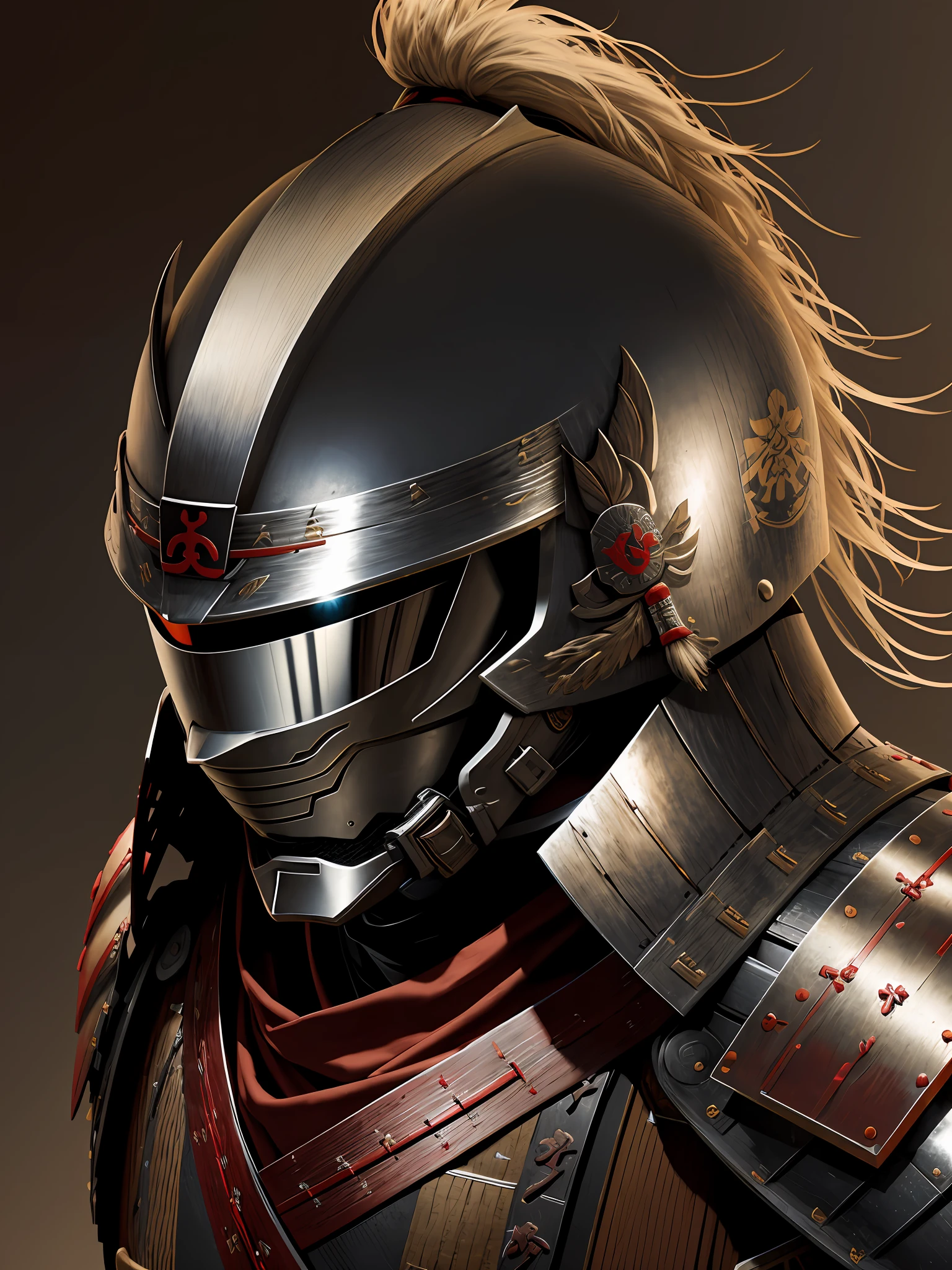 1 Warrior man in Japanese castle, wearing samurai armor, with (helmet covering face), drop shadow, halftone, vanishing point, diffraction peaks, f/1.8, Nikon, high detail, UHD, masterpiece, best quality, highres, 16k