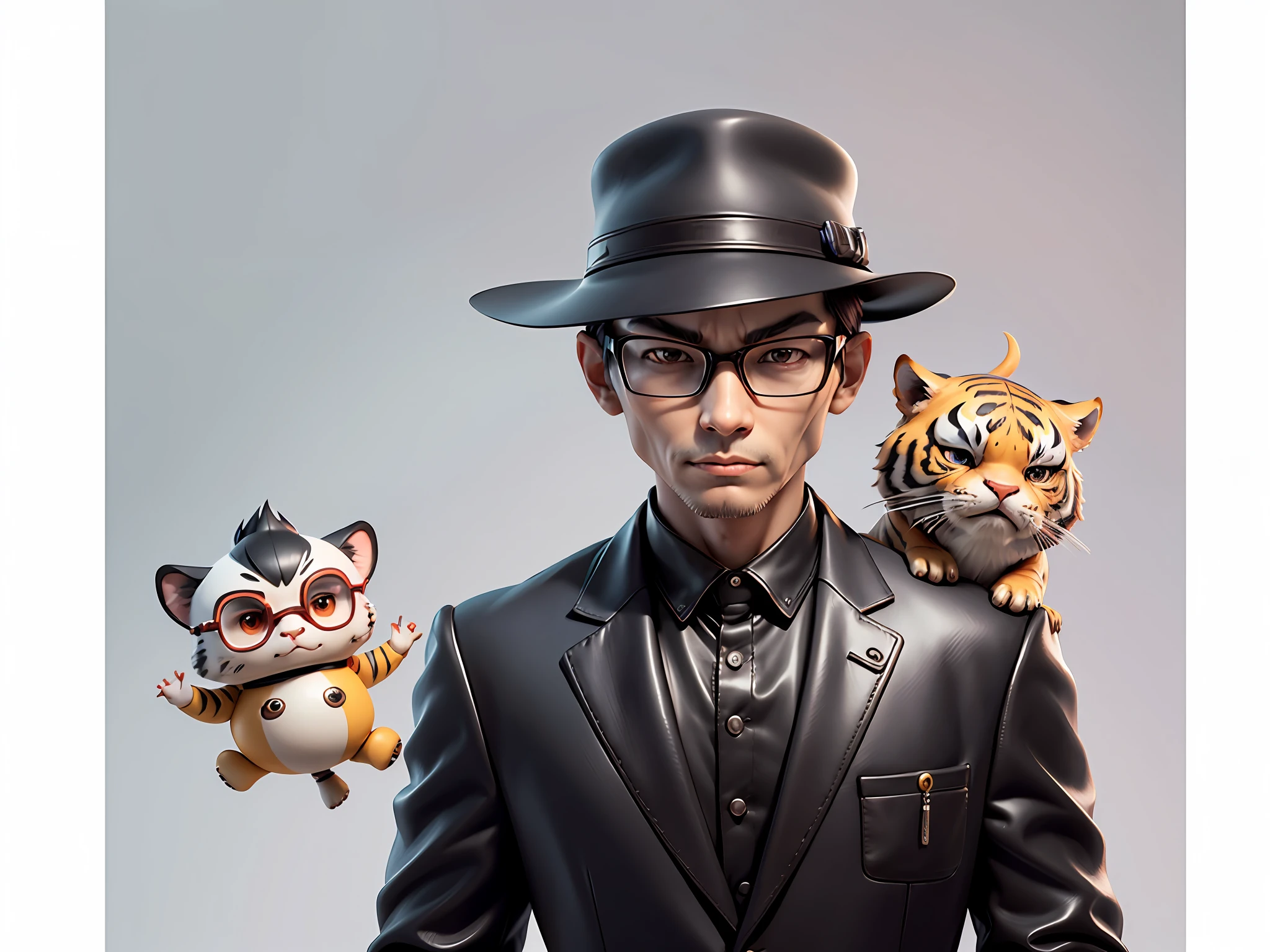 Young man with oriental face in leather hat, tiger, oriental face in formal suit, short black hair, silver glasses, digital painting, 3D character design by Mark Clairedon and Pixar and Hayao Miyazaki and Akira Toriyama, the illustration is a high-definition illustration in 4K resolution with very detailed facial features and cartoon-style visuals.