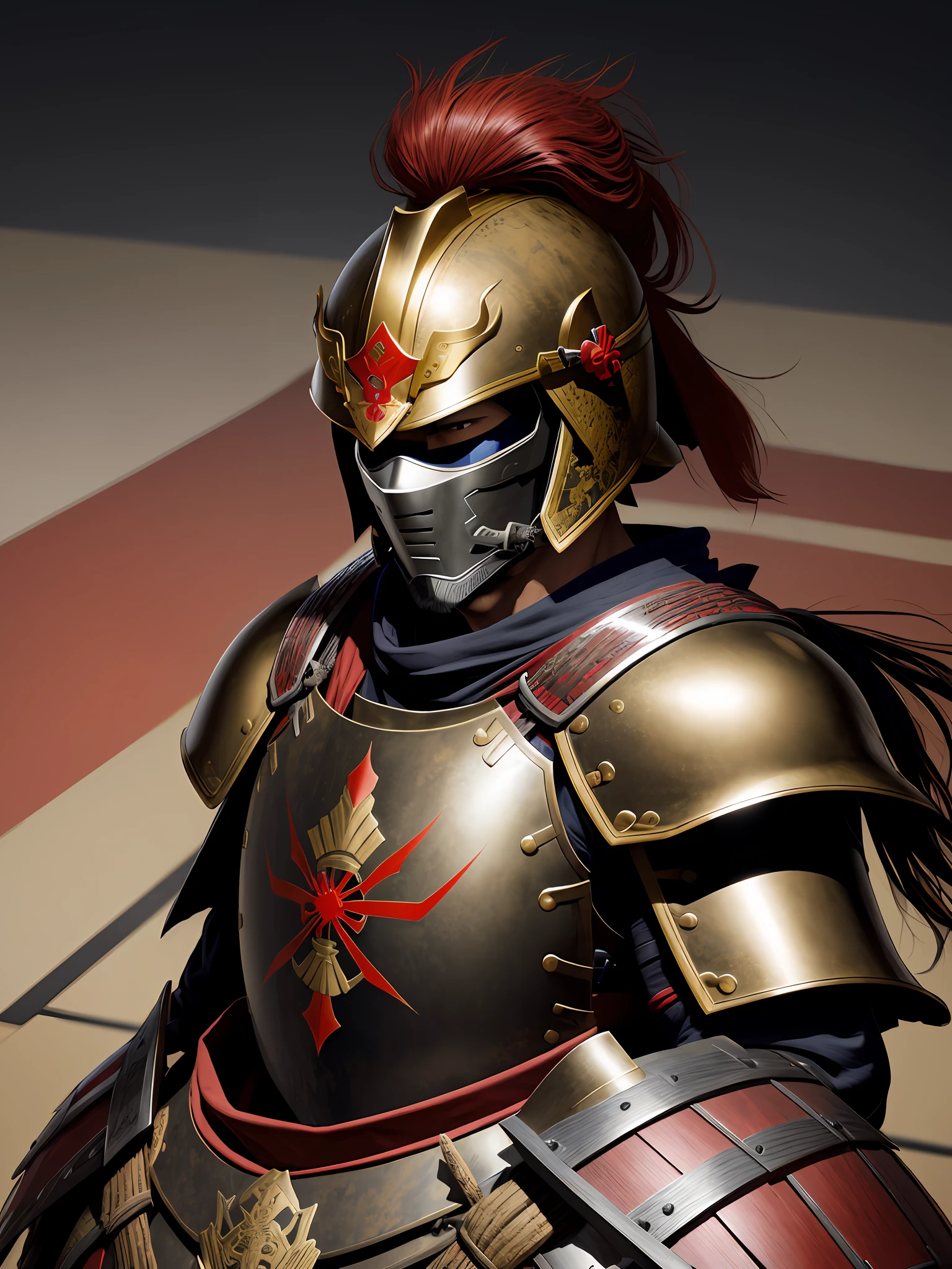 1 Warrior man in Japanese castle, wearing samurai armor, with (helmet covering face), drop shadow, halftone, vanishing point, diffraction peaks, f/1.8, Nikon, high detail, UHD, masterpiece, best quality, highres, 16k