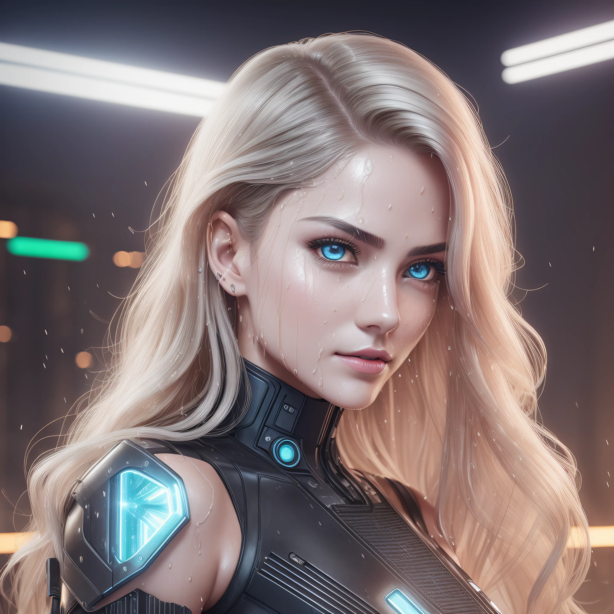 Full face portrait photo of 23 year old European girl, RAW, beautiful woman, half-open red lips, dimples, wistful expression, (extra long wavy blonde hair), ((detailed face)), (detailed facial features)), (fine skin), pale skin, (very detailed sexy futuristic cyberpunk dress, with deep neckline made of circuit board, Mega City Cyberpunk Environment, Neon Lights, Skyscrapers), (In the gym)), Soft Natural Light, Wet Skin, Cyberpunk Megacity Environment, (Cool Color), Wet, Reflective, (Masterpiece) (Perfect Aspect Ratio), (Realistic Photography), (Best Quality), (Detailed) Shot with Canon EOS R5, 50mm Lens, f/2.8, HDR, (8k) (Wallpaper) (Movie Lighting) ( Dramatic lighting) (Sharp Focus) (Complex), RAW Photos, RAW Photos, Gigachado Photos, Camera Pose, Black Jeans, Behind Arms, 8K UHD, DSLR, High Quality, Film Grain, Fujifilm XT3, Very Detailed, Photorealistic, Realistic, Incredibly Ridiculous, Very Detailed, Sharp Focus, ( Professional Studio Lighting), (Professional Color Grading), Edge Lighting, Dramatic Lighting, Film Lighting, Lumen Reflection, Soft Natural Light, Soft Color, Photon Mapping, Radiosity, (Beautiful Eyes), (Detailed Eyes), (Detailed Eyes), (Detailed Face), Symmetrical Eyes, Sharp Eyes, Cold Face, Full Body), ((High Level Detail))), ((Wet, Oil-lubricated)) ), ((athletic body)), ((sweaty)), thin waist.