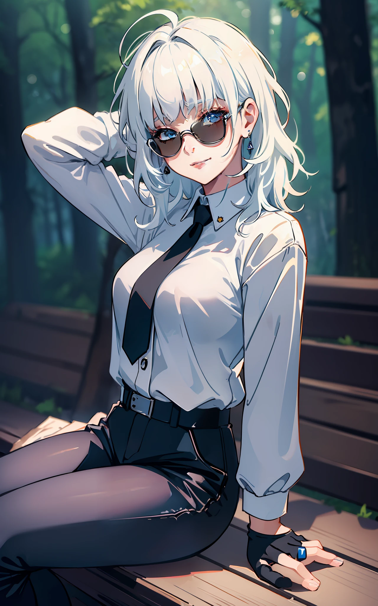 masterpiece, best quality, solo, (upper body:1.1), medium breasts, 1girl, solo, (ruffling hair, messy hair:1.1), medium hair, white hair, best quality, ultra detailed, 1girl, solo, medium hair, blunt bangs, does not look at the viewer, round sunglasses, white shirt, long sleeve, tie, tight black pants, long black gloves, beautiful skin, dramatic lighting, high quality, perfectionism, shiny skin, whole body, both eyes covered, earrings, beautiful lips, beautiful face, sexy, posing, looking at the viewer, forest background, night, better shadows, better lighting, better quality, sitting on a bench in the city, smiling, happy, lucy \(cyberpunk\),