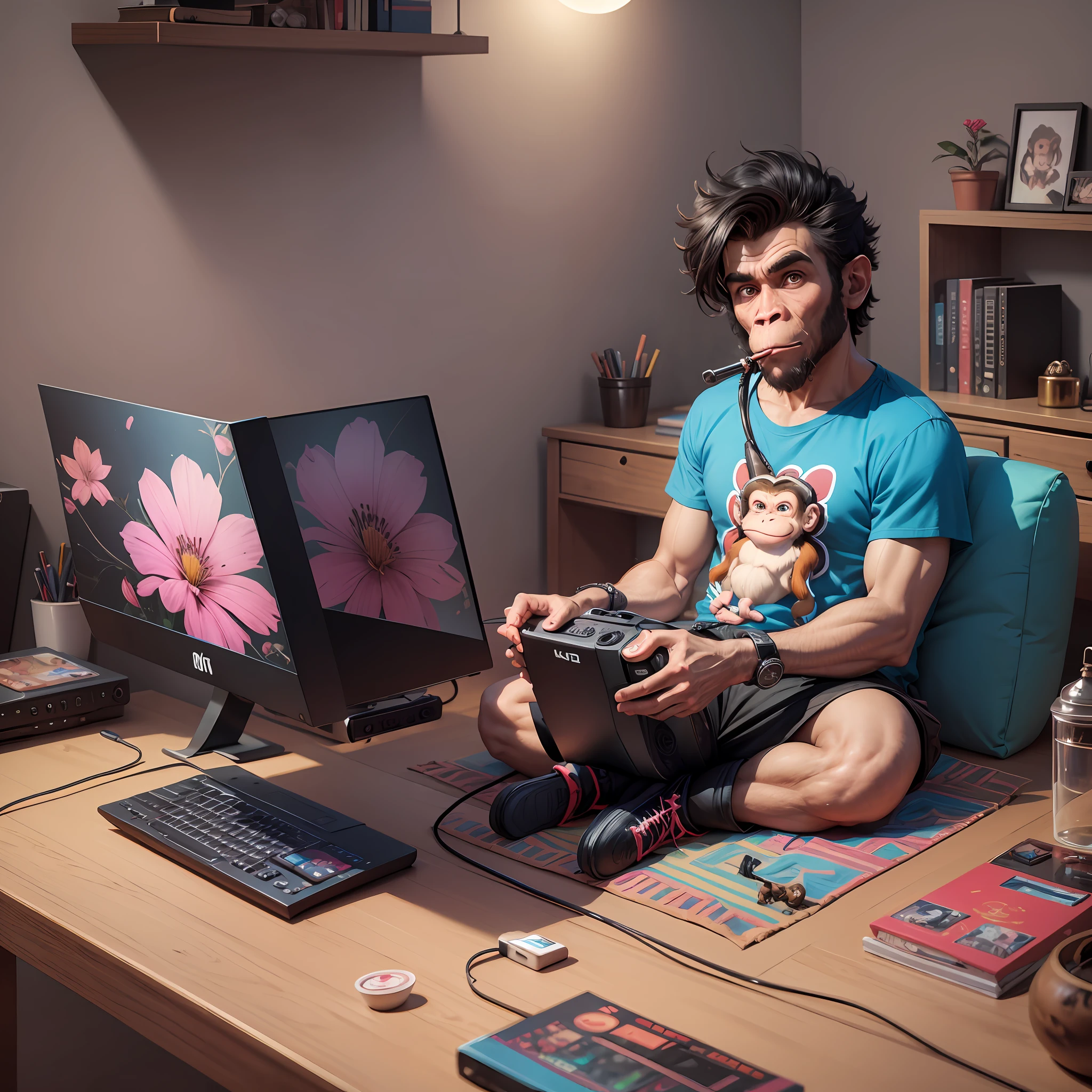 4k, 8k, cartoon, monkey in the room playing on a gaming computer and with a hookah next to it --auto --s2
