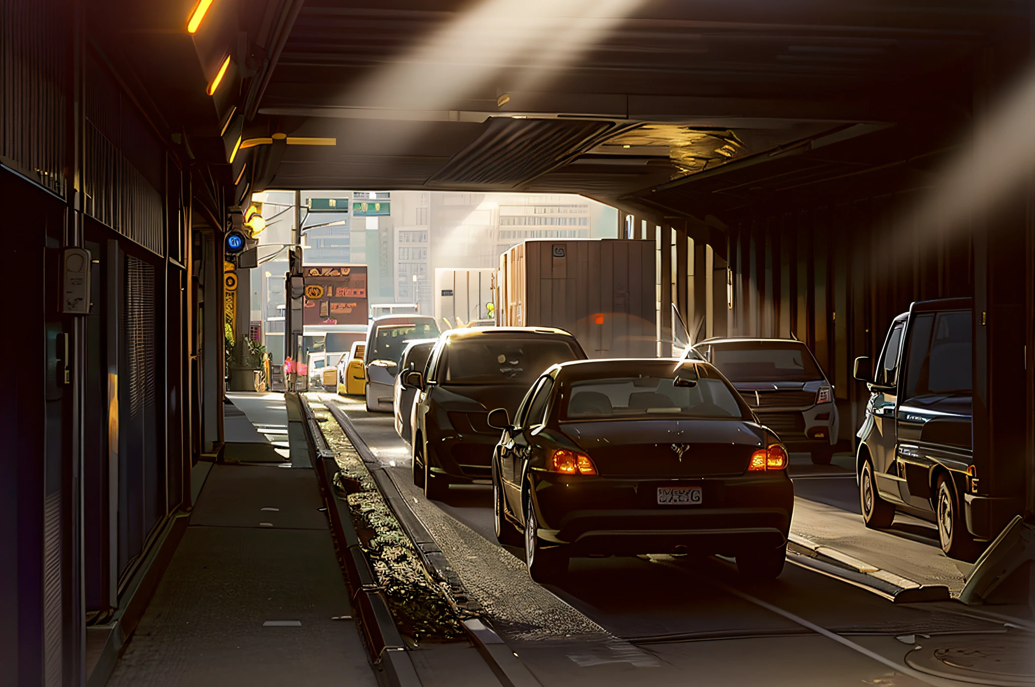 cars are parked in a tunnel at night on a city street, car traffic, cars on the road, traffic in background, traffic, cars parked underneath, late afternoon sun, heavy traffic, nice afternoon lighting, tunnels lead to different worlds, light coming through, 4 0 9 6, lots of sunlight, sunlight beaming down, contraposto, harsh overhead sunlight