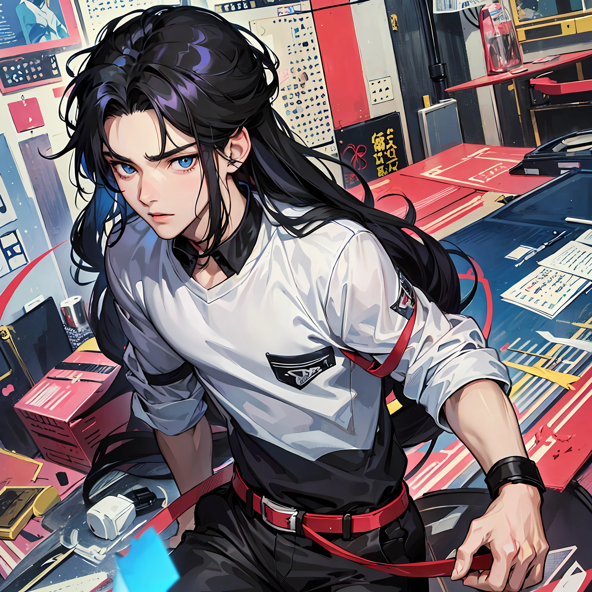 Better quality, anime style, 1boy, teenager, 14 years old, black long hair, dark blue eyes, in a marcial art dojo, focus on boy --auto --s2