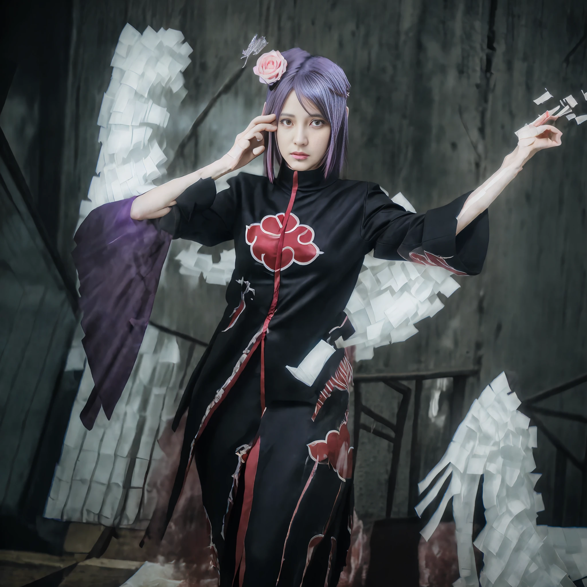 Top quality, 8k, 32k, Masterpiece, photo realistic, realistic, anime cosplay with purple wings and wig and black clothes, anime cosplay, professional cosplay, full cosplay, cosplay, anime girl cosplay, cosplay photos, cosplayers, haruno sakura, remilia scarlet from touhou, inspired by Kusumi Morikage, misato katsuragi, publicity cosplay, sakura haruno, inspired by Jin Homura, (seductive pose), Sexy, beautiful white face shining, beautiful face, pink cheeks, beautiful lips, porcelain skin, detail intricate, super detailed, super high, highest detailed, high detailed, delicate, incredible detailed, fine detailed, cinematic lighting, top quality, masterpiece, smooth and beautiful, CG , unity, 8k wallpaper, Stunning, fine detail, unity CG wallpaper 8k ultra detailed, large file size, ultra detailed, high resolution, incredible detail, stunning detail, depth of field, oil painting effect in Rembrandt art style, concept portrait art in Stanley Artgerm Lau style, WLOP, trending on Artstation, epic, trend in society, detailed digital painting, very high quality model.